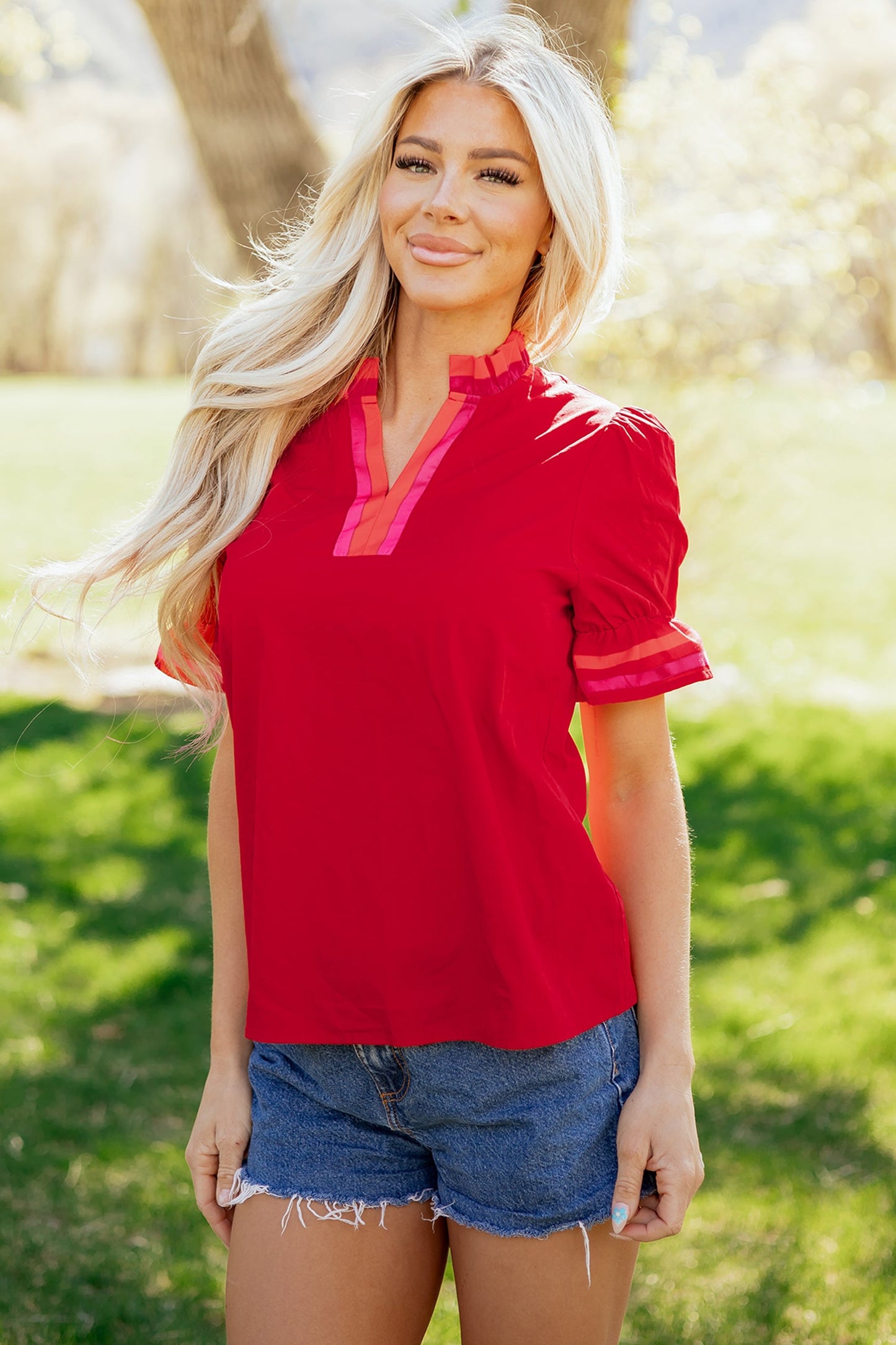 Stripe Frilled V-Neck Ruffle Short Sleeve Blouse