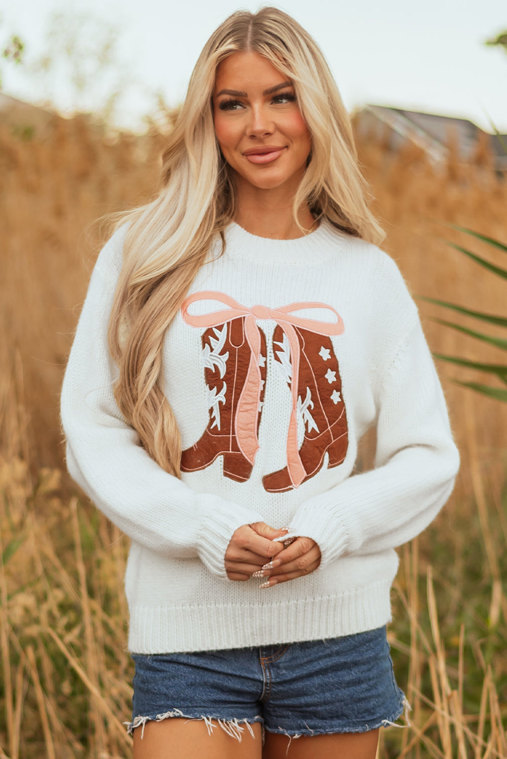 Western Bow Boots Embroidered Drop Shoulder Sweater