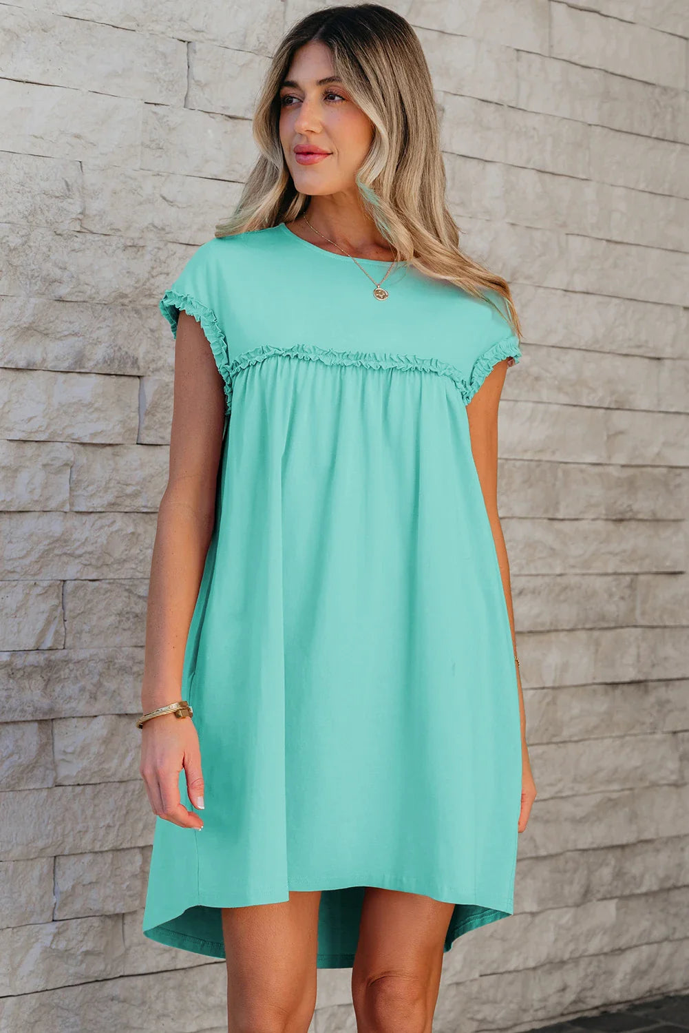 Frilled Trim Crew-Neck Loose Fit Mini Dress