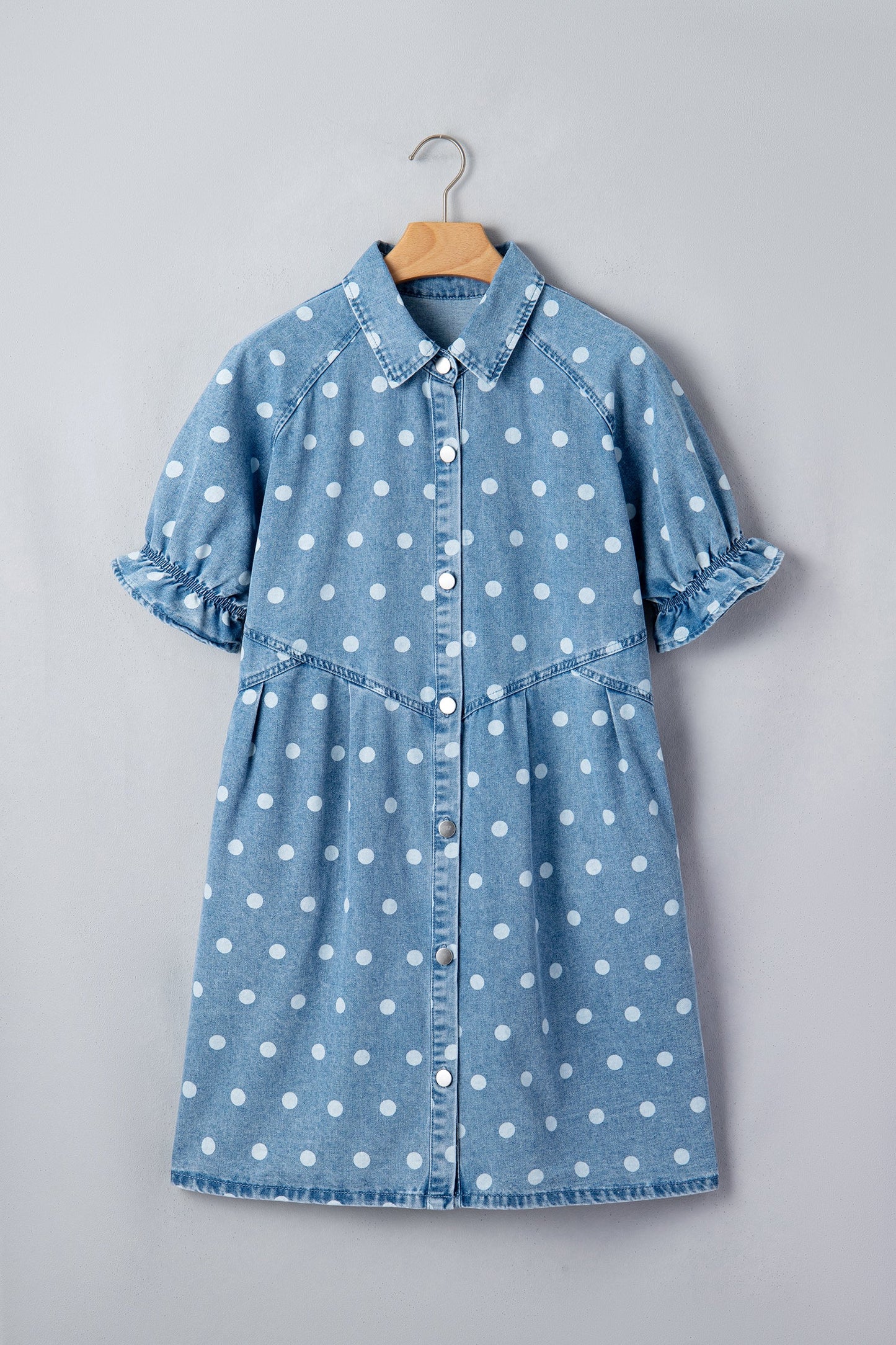 Polka Dot Denim Puff Sleeve Buttoned Dress