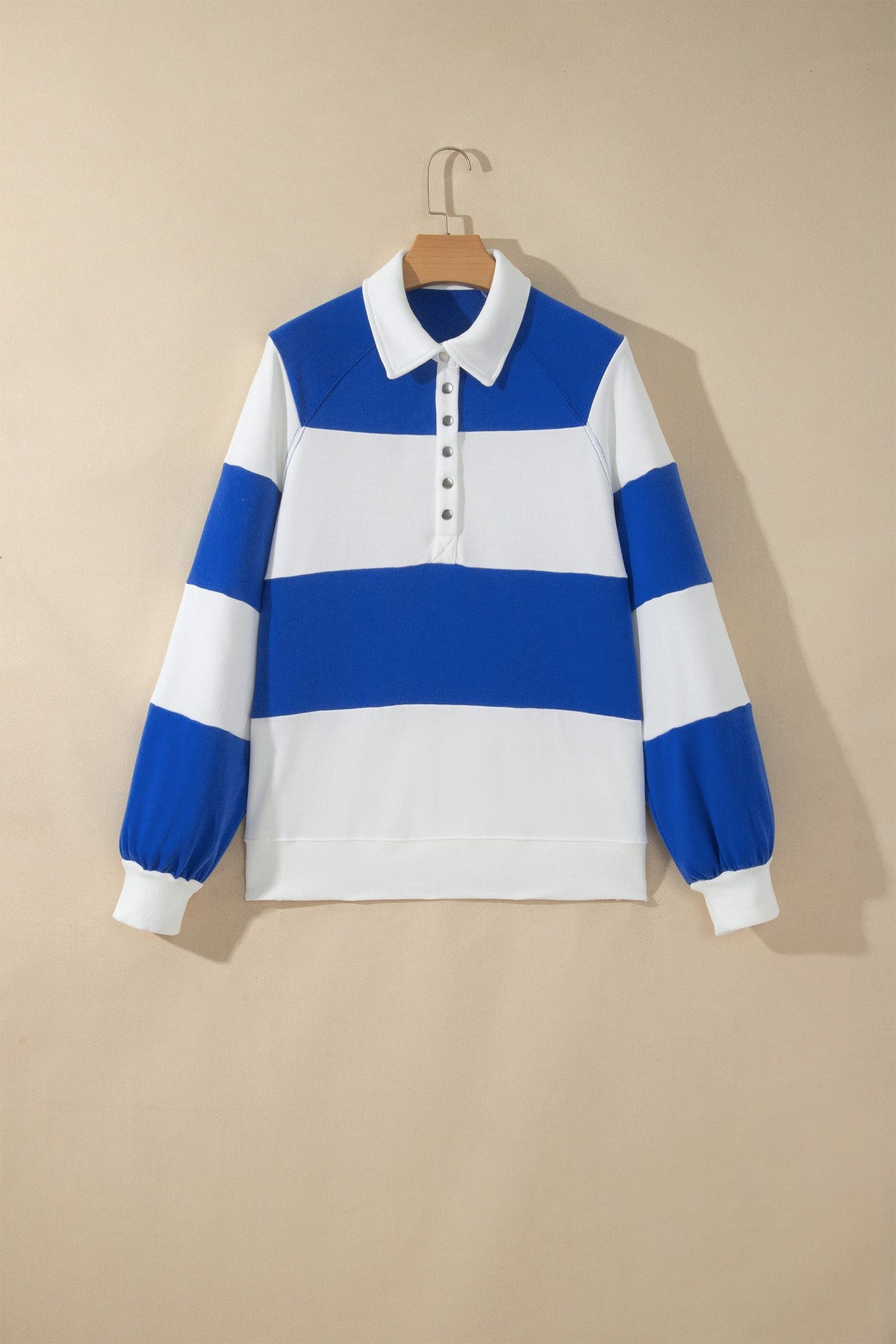 Colorblock Stripe Puff Sleeve Buttoned Collar Sweatshirt