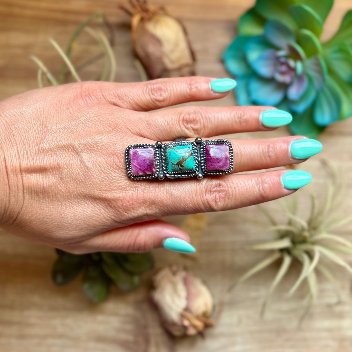 MJ Ring Three-Stone Turquoise & Purple Spiny Oyster Sterling Silver