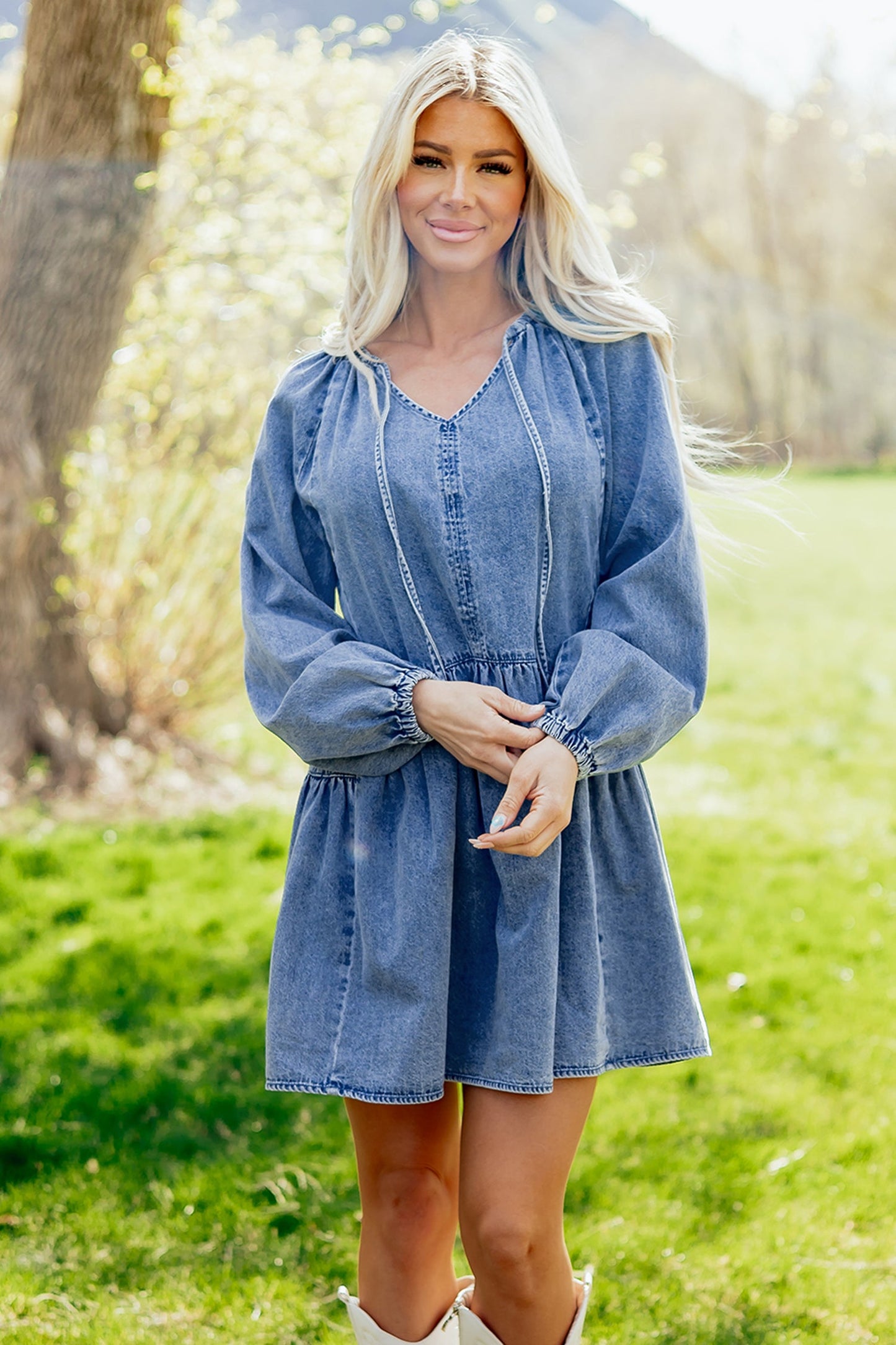 Denim Puff Sleeve Tie V-Neck Ruffle Dress