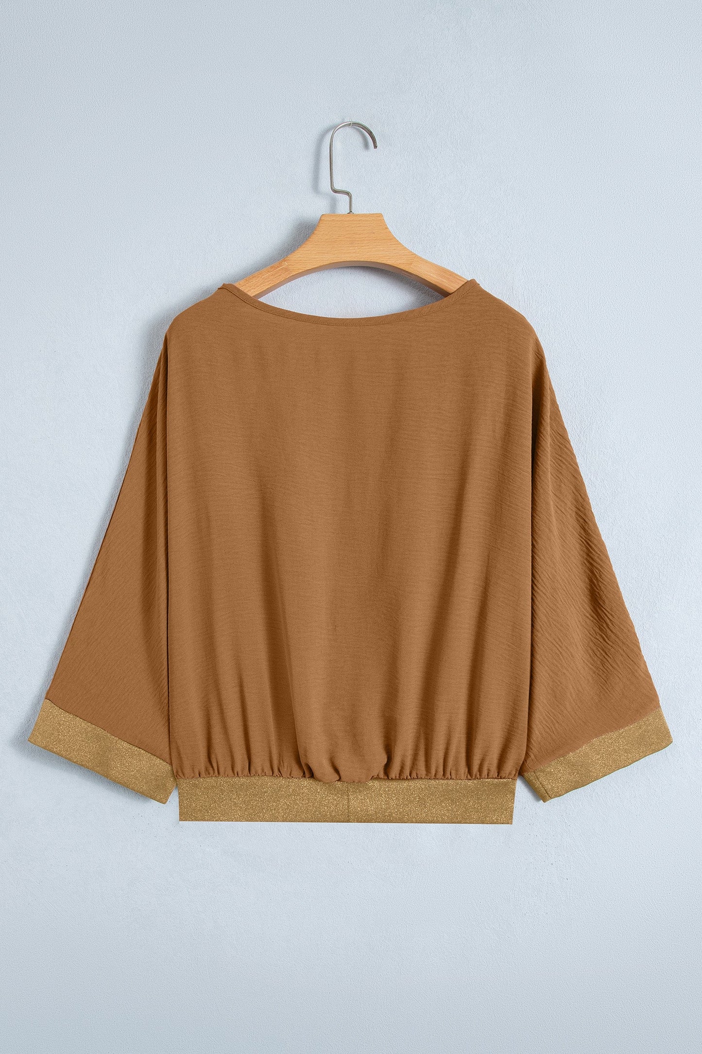 Metallic Trim 3/4 Sleeve Buttoned V-Neck Blouse