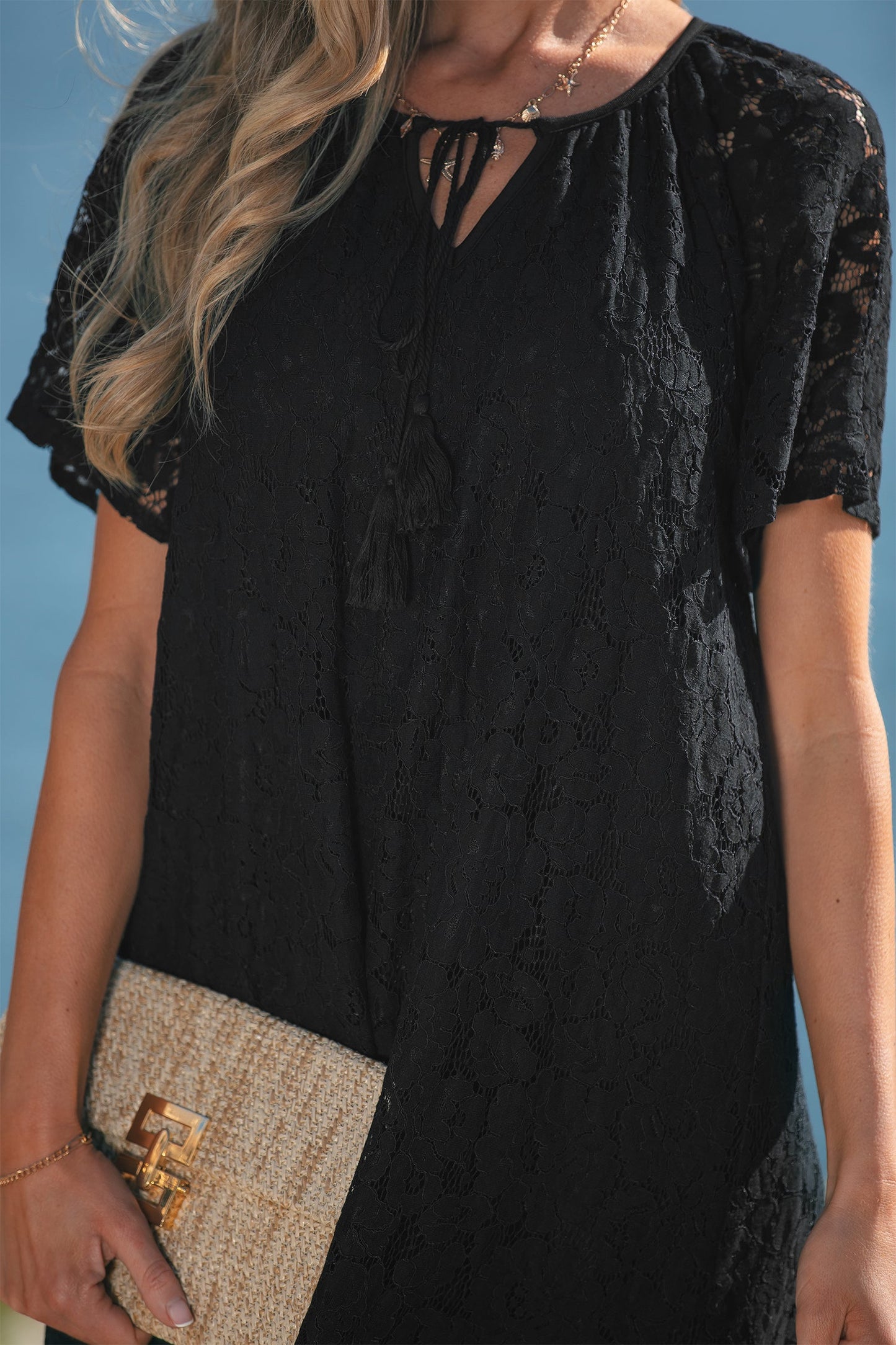 Lace Overlay Tassel Tie Short Sleeve Maxi Dress