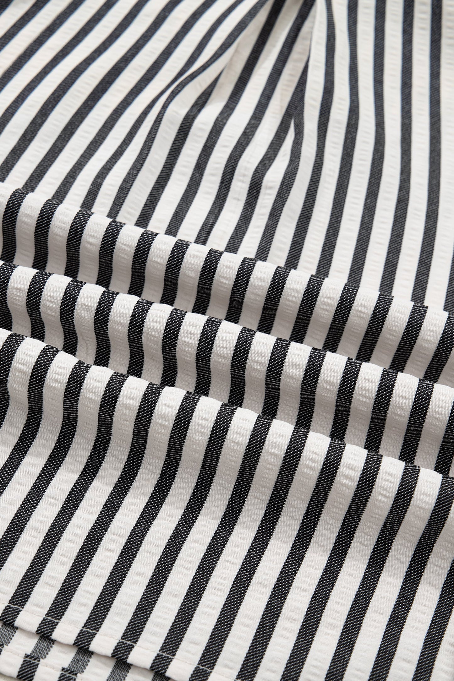 Stripe Collared V-Neck Bubble Sleeve Blouse