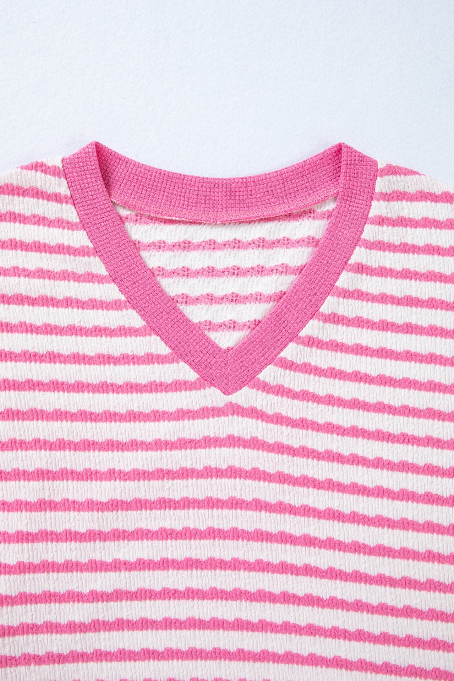 Stripe Textured Knit V-Neck Short Sleeve Top