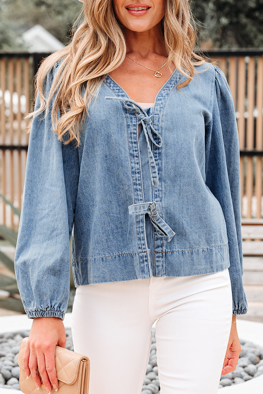 Solid Denim Tie-Front Puff Sleeve Top