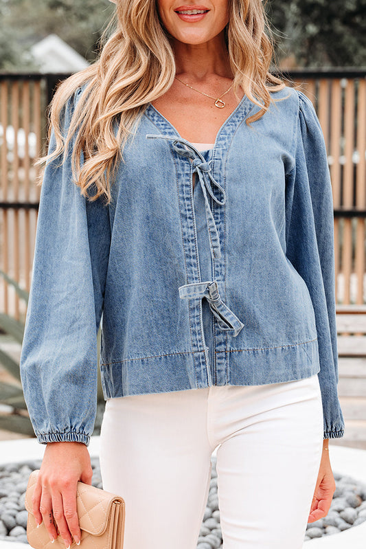 Solid Denim Tie-Front Puff Sleeve Top