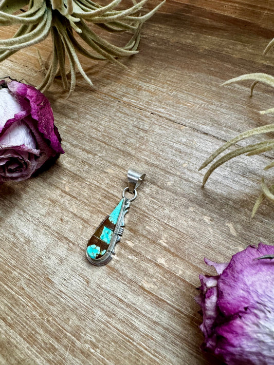 Teardrop Pendant with Kingman Turquoise – Option 4 – Sterling Silver – Native Made by SF – Fits 5mm