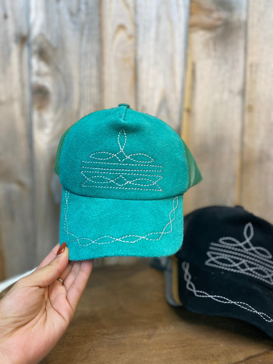 Turquoise BootStitch Suede Leather Cap