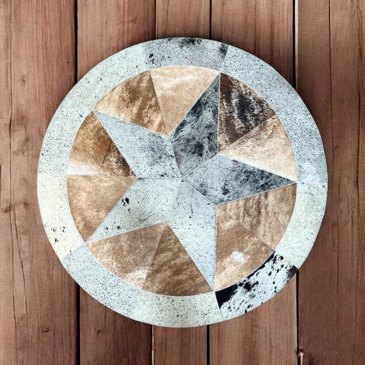 Star cowhide patchwork rug 3x3’