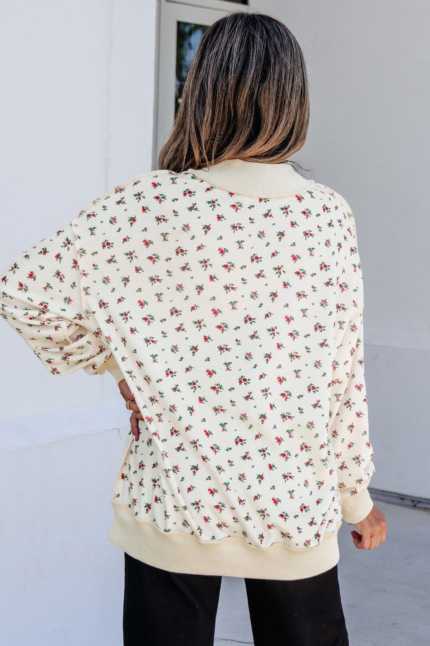 Floral Ribbed High Neck Exposed Hem Baggy Sweatshirt