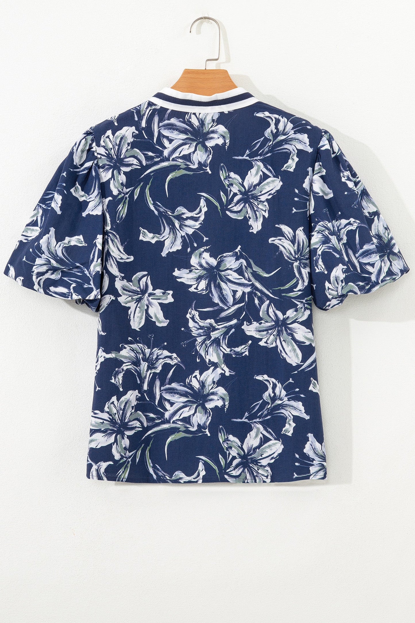 Floral Stripe Trim Puff Sleeve V-Neck Blouse