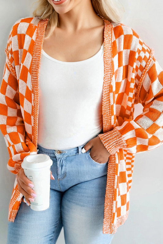 Plus Size Checker Drop Shoulder Open Front Cardigan