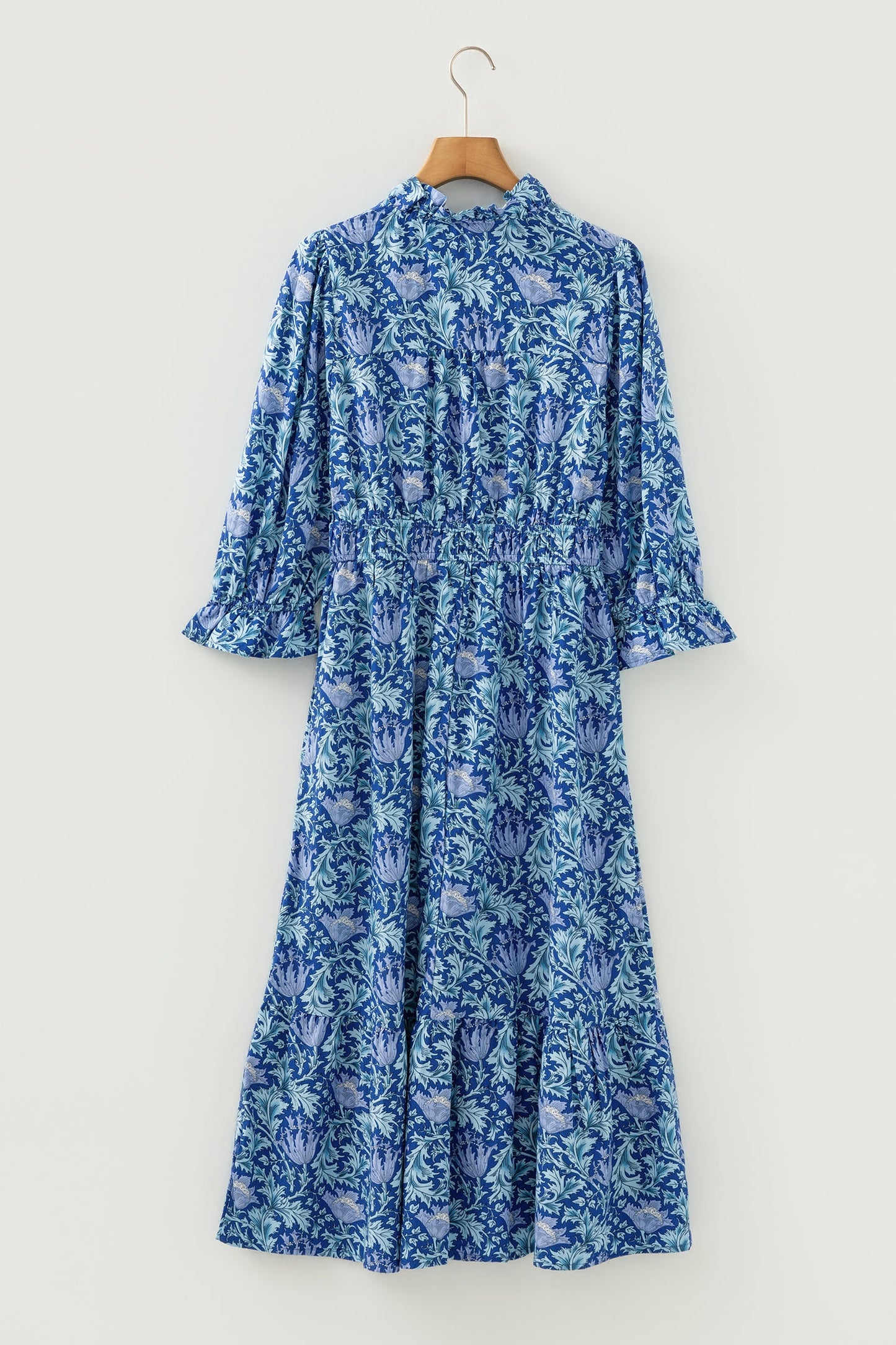 Floral Frilled V-Neck 3/4 Sleeve Midi Dress
