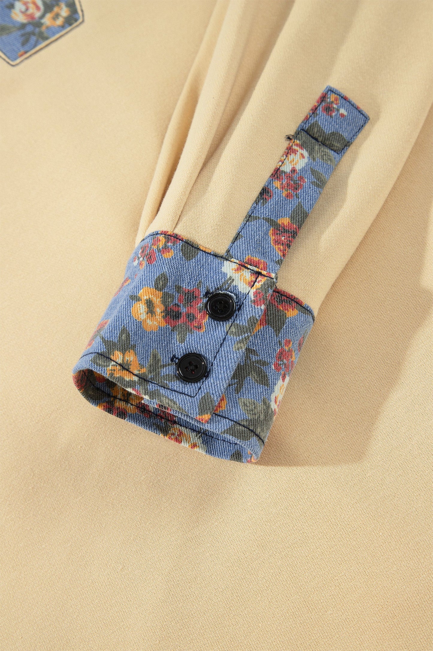 Floral Denim Patchwork Collared V-Neck Long Sleeve Top