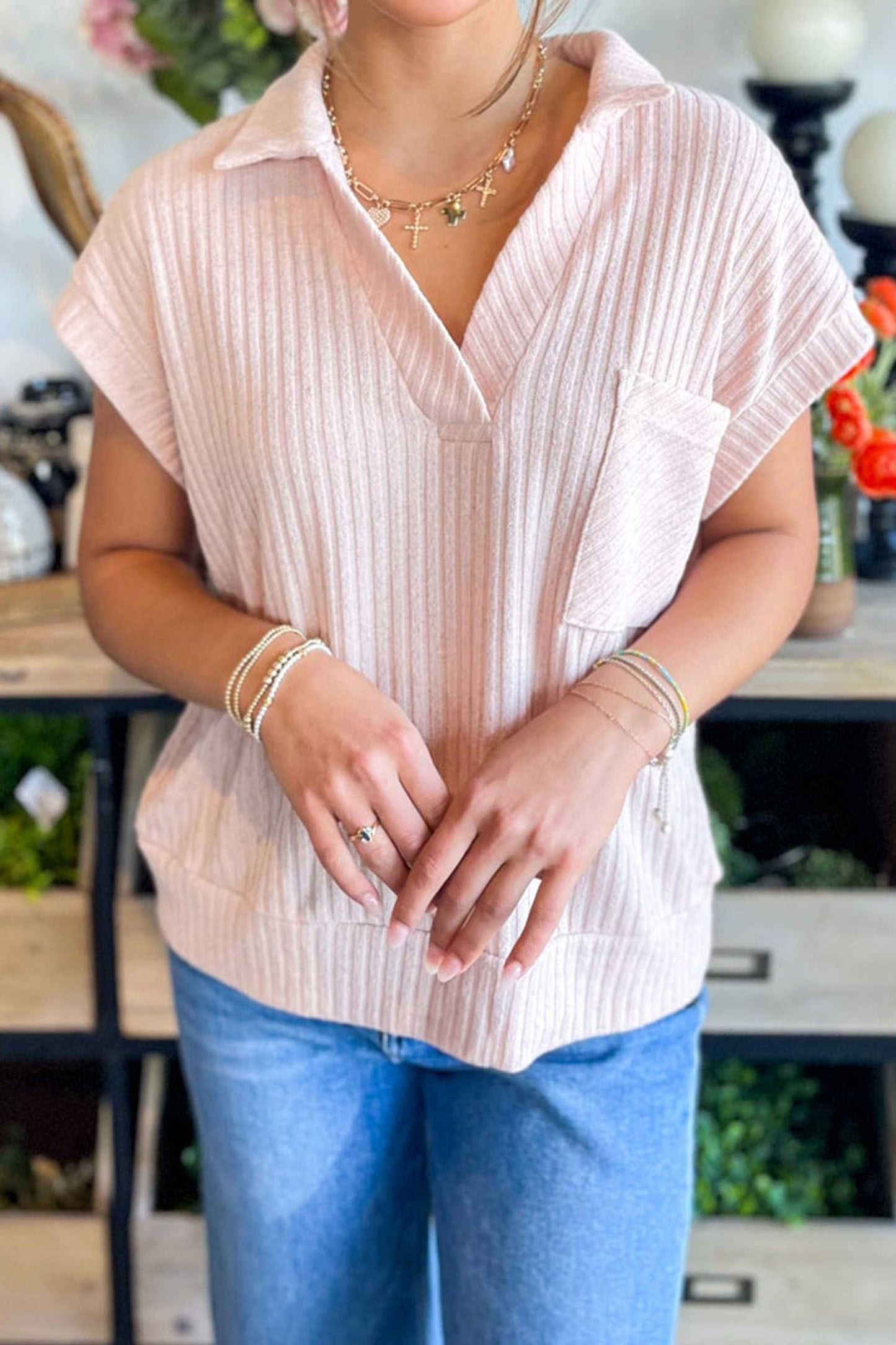 Solid Ribbed Knit Collared V-Neck Tee