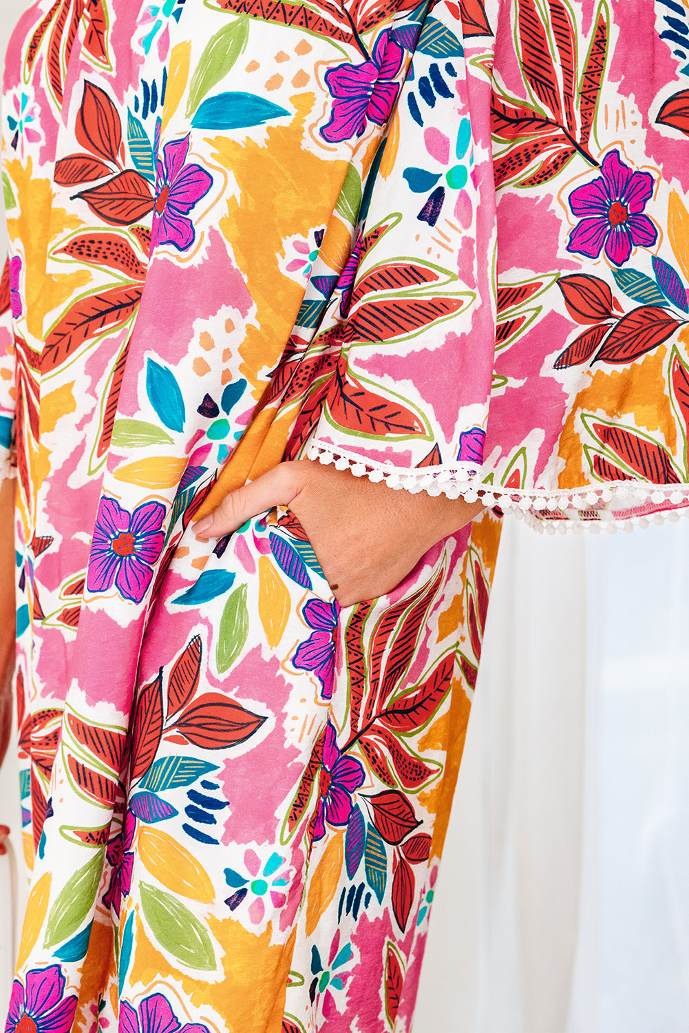 Floral Lace Trim 3/4 Sleeve Tie-Back Mini Dress