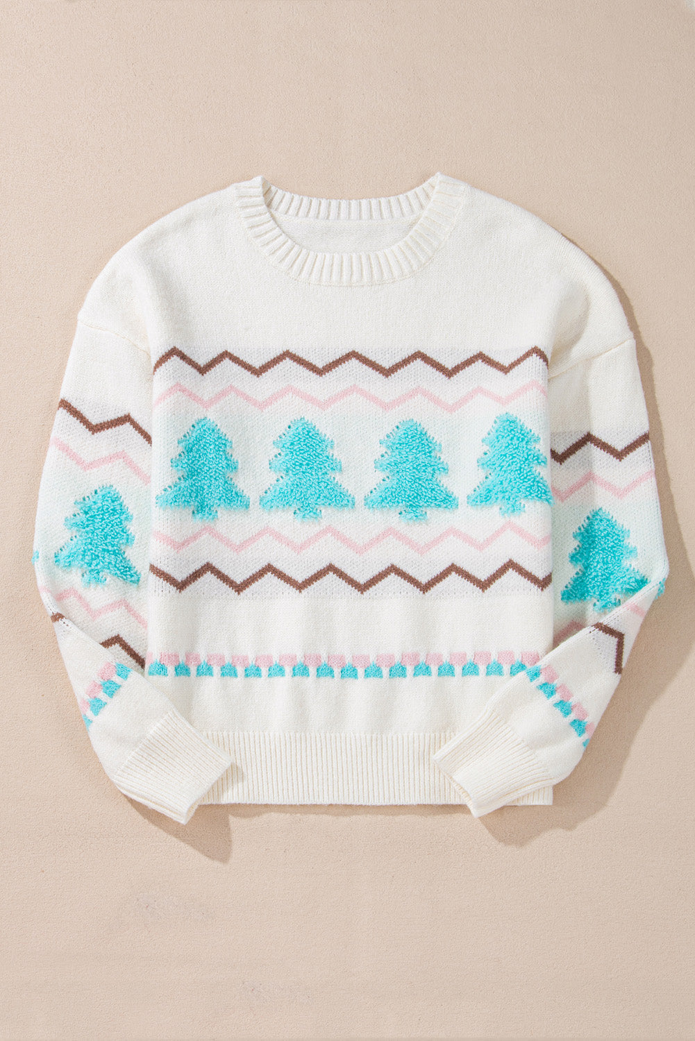 Christmas Tree Chevron Stripe Ribbed Trim Sweater