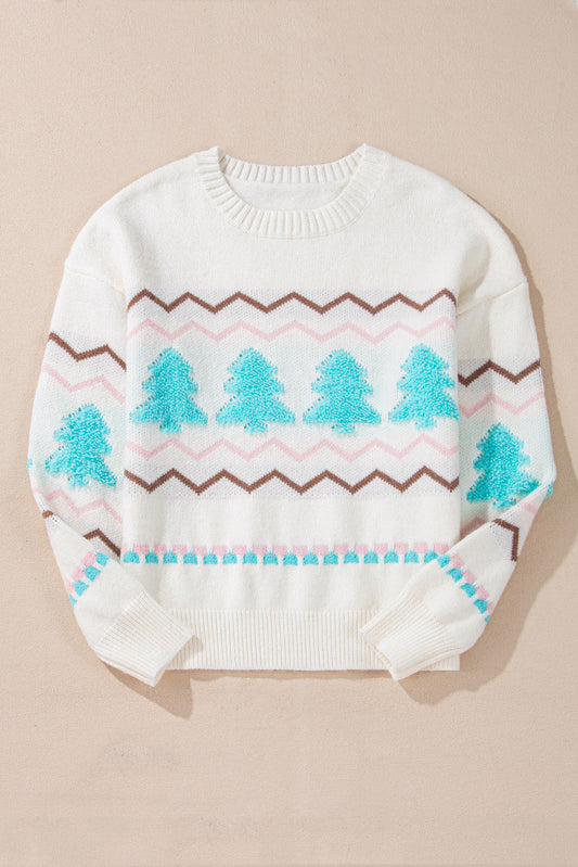Christmas Tree Chevron Stripe Ribbed Trim Sweater