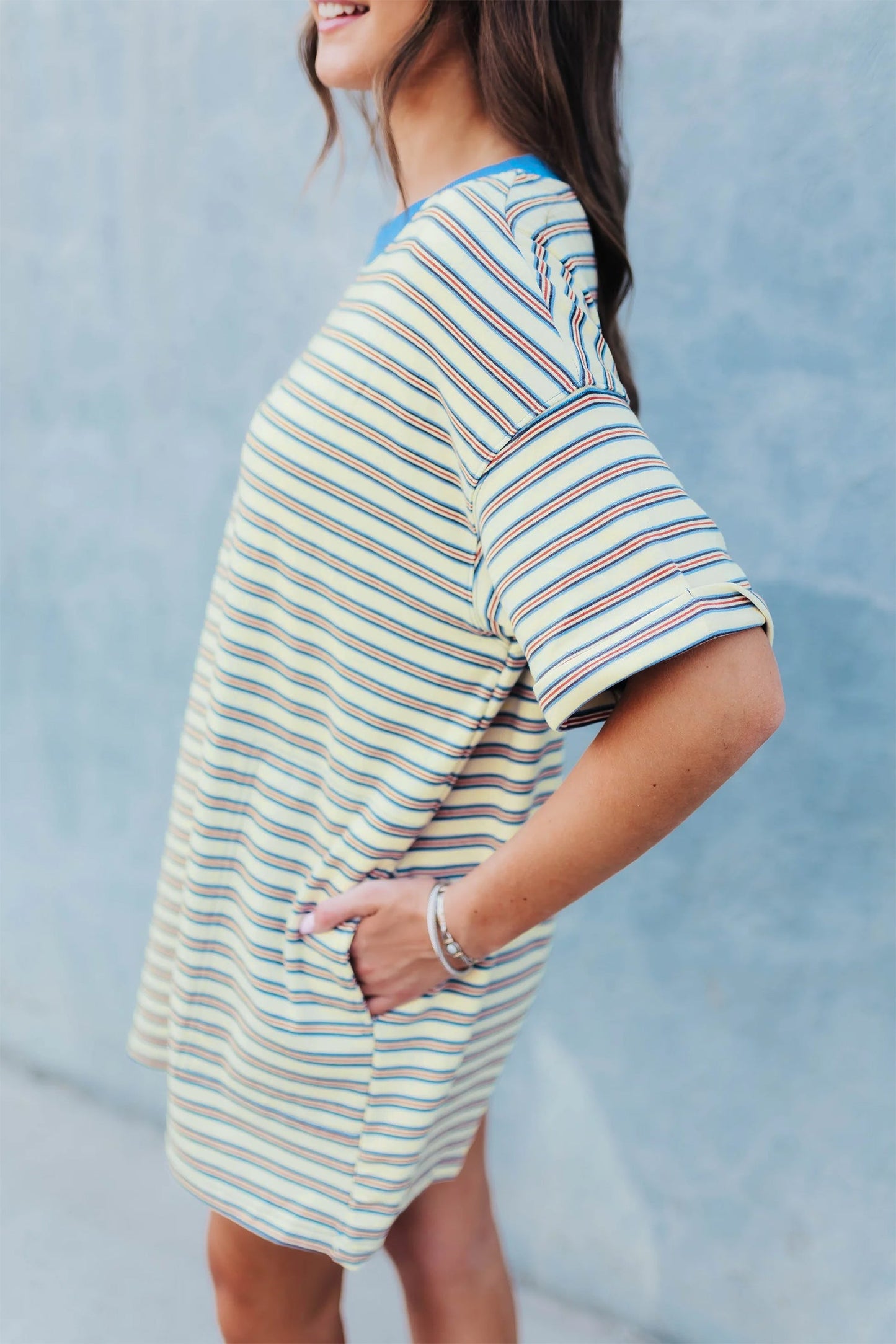Stripe Drop-Shoulder Cuff-Sleeve Loose Tunic Dress