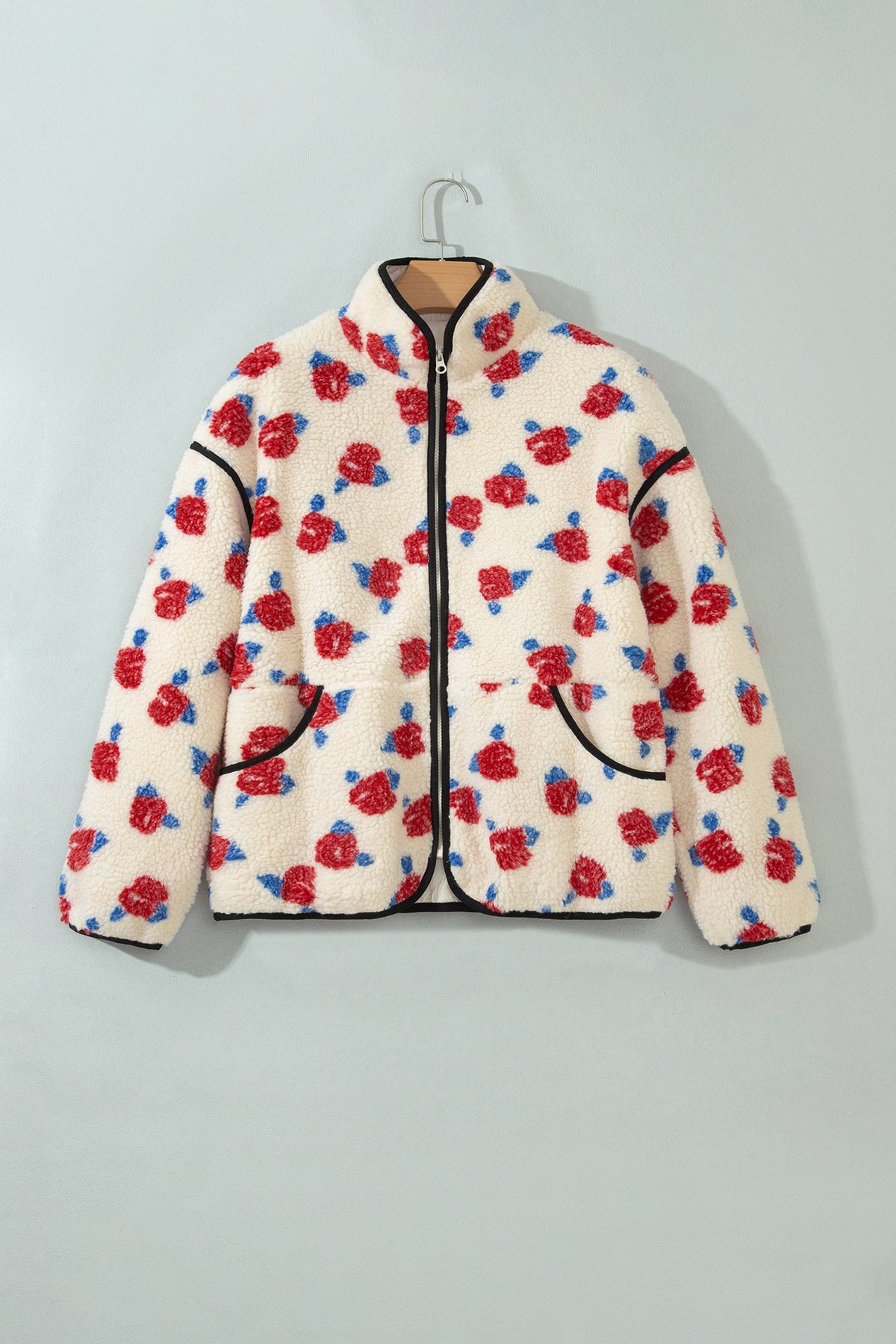 Floral Fleece Contrast Trim Zip Up Coat
