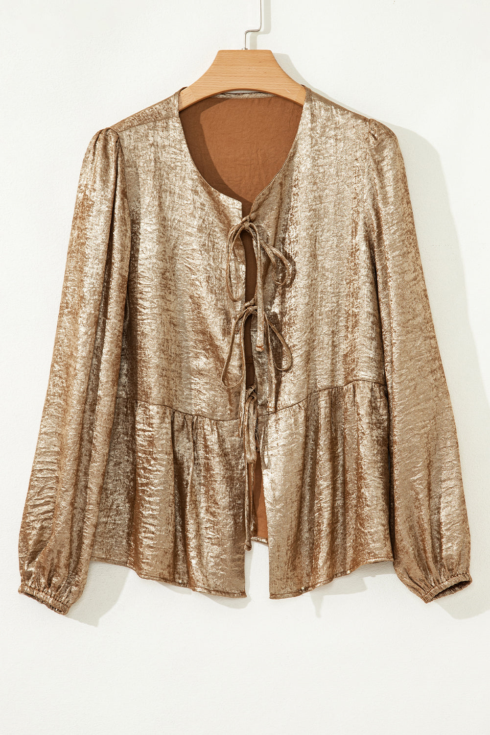 Metallic Tied Front Long Sleeve Babydoll Blouse