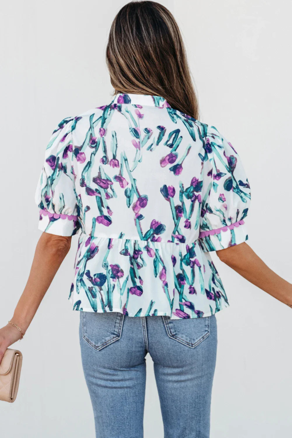 Floral Ricrac Trim Short Sleeve Peplum Top