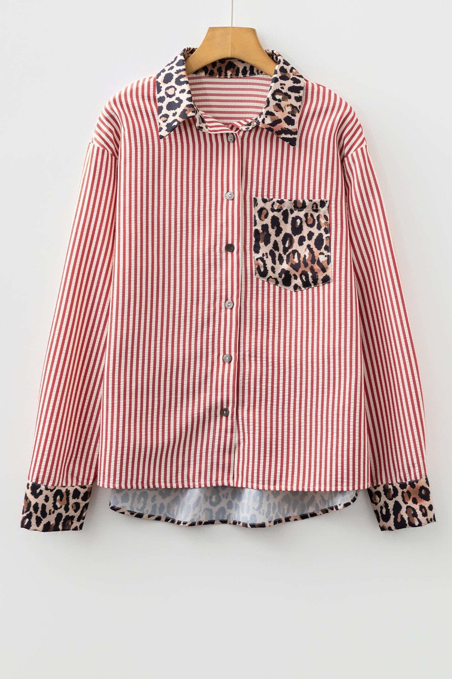 Stripe Leopard Patchwork Button-Up Womens Shirt