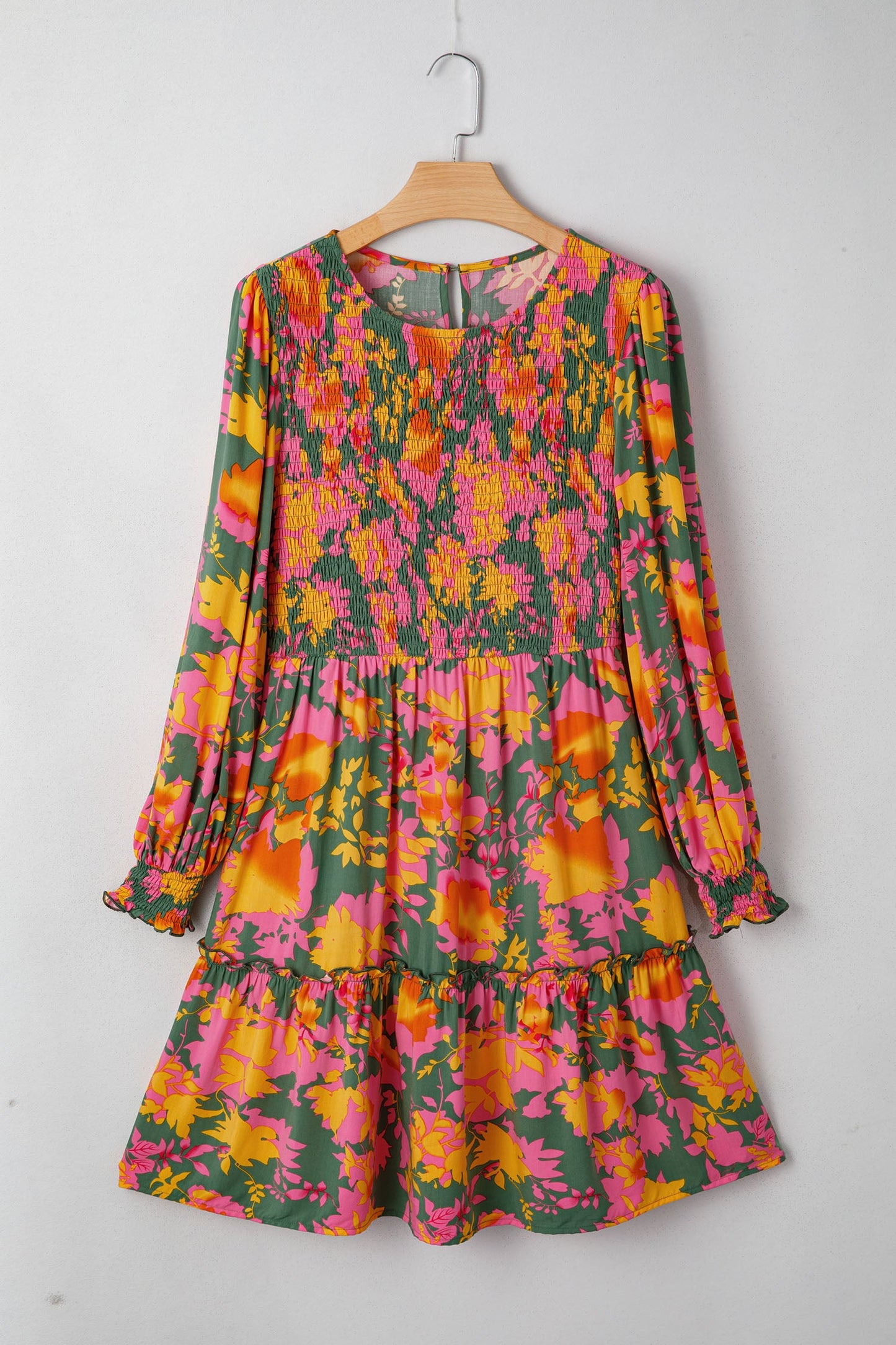Floral Smocked Ruffle Hem Long Sleeve Mini Dress