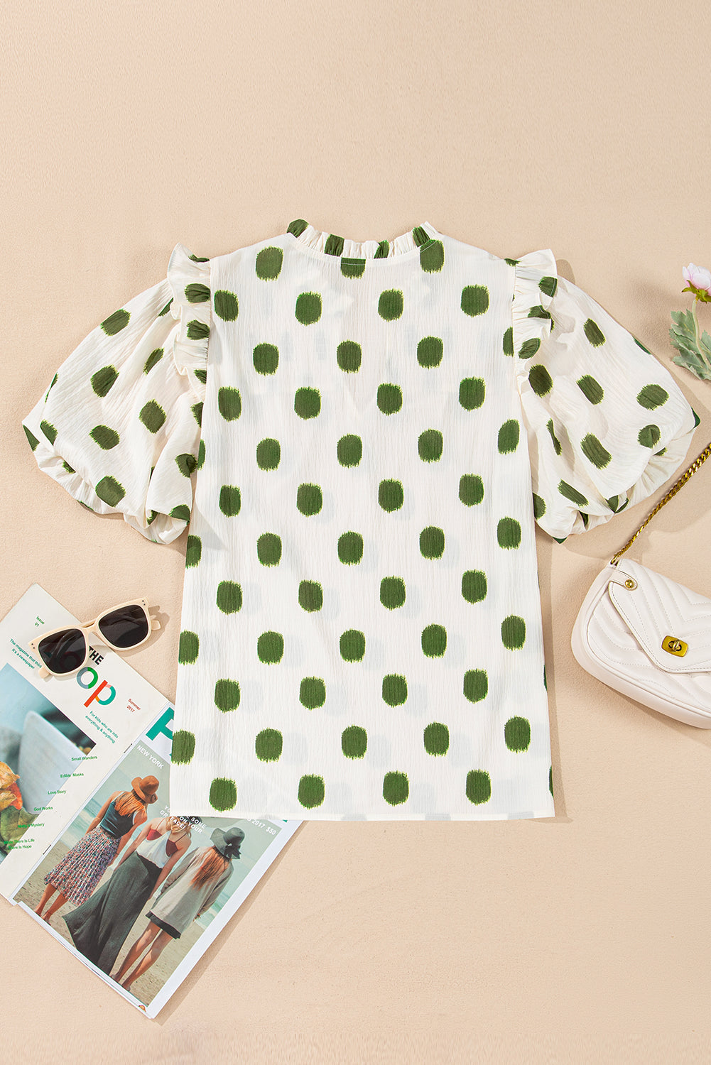 Polka Dot Shirred Notched Neck Balloon Sleeve Blouse