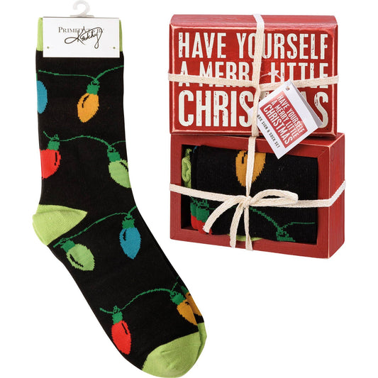 A Merry Little Christmas Box Sign And Sock Set