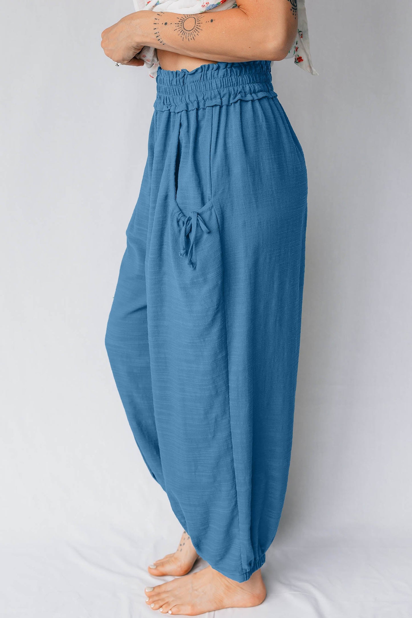 Smocked High Waist Drawstring Pocket Jogger Pants