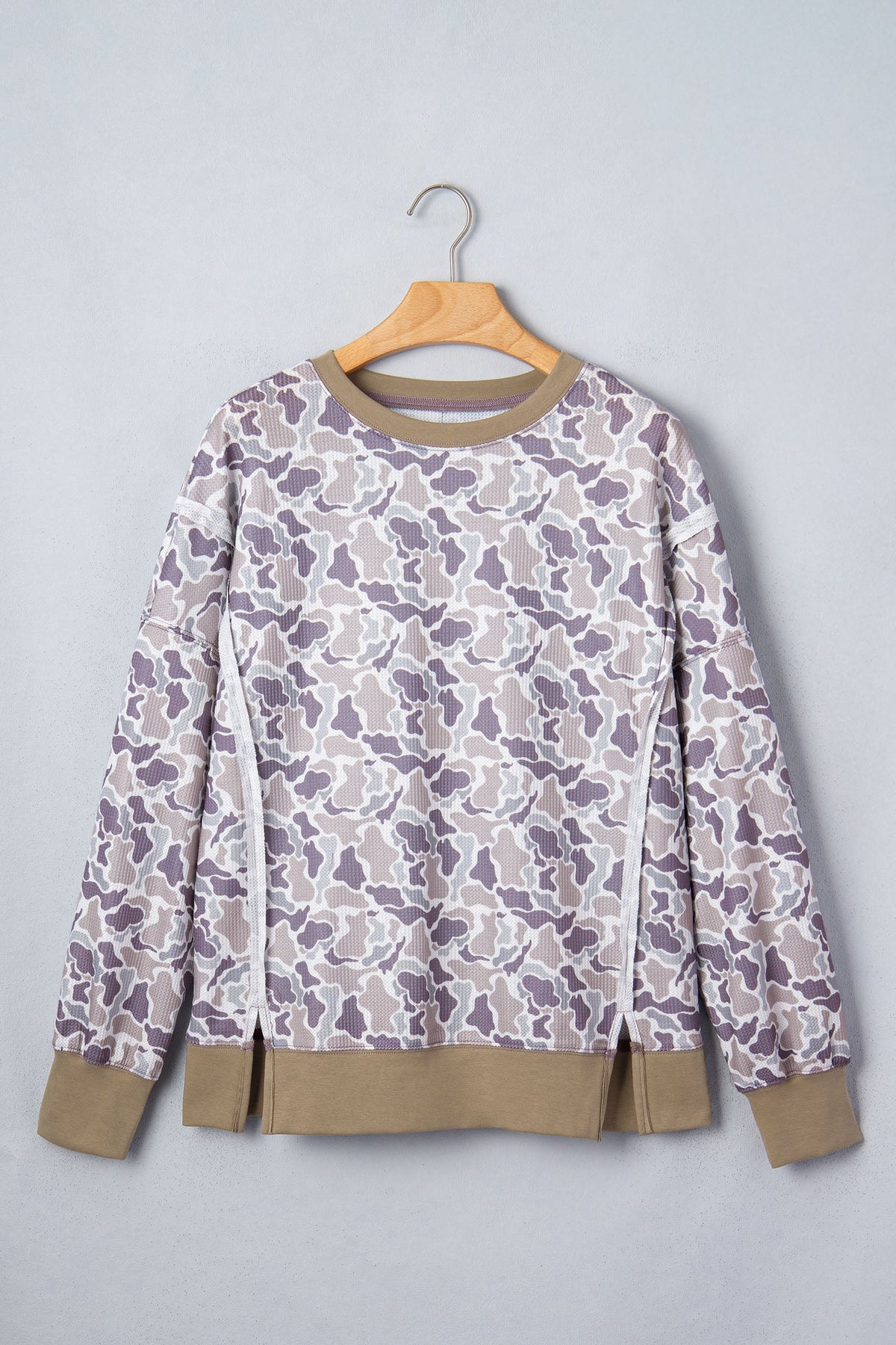 Camo Contrast Trim Waffle Knit Long Sleeve Top