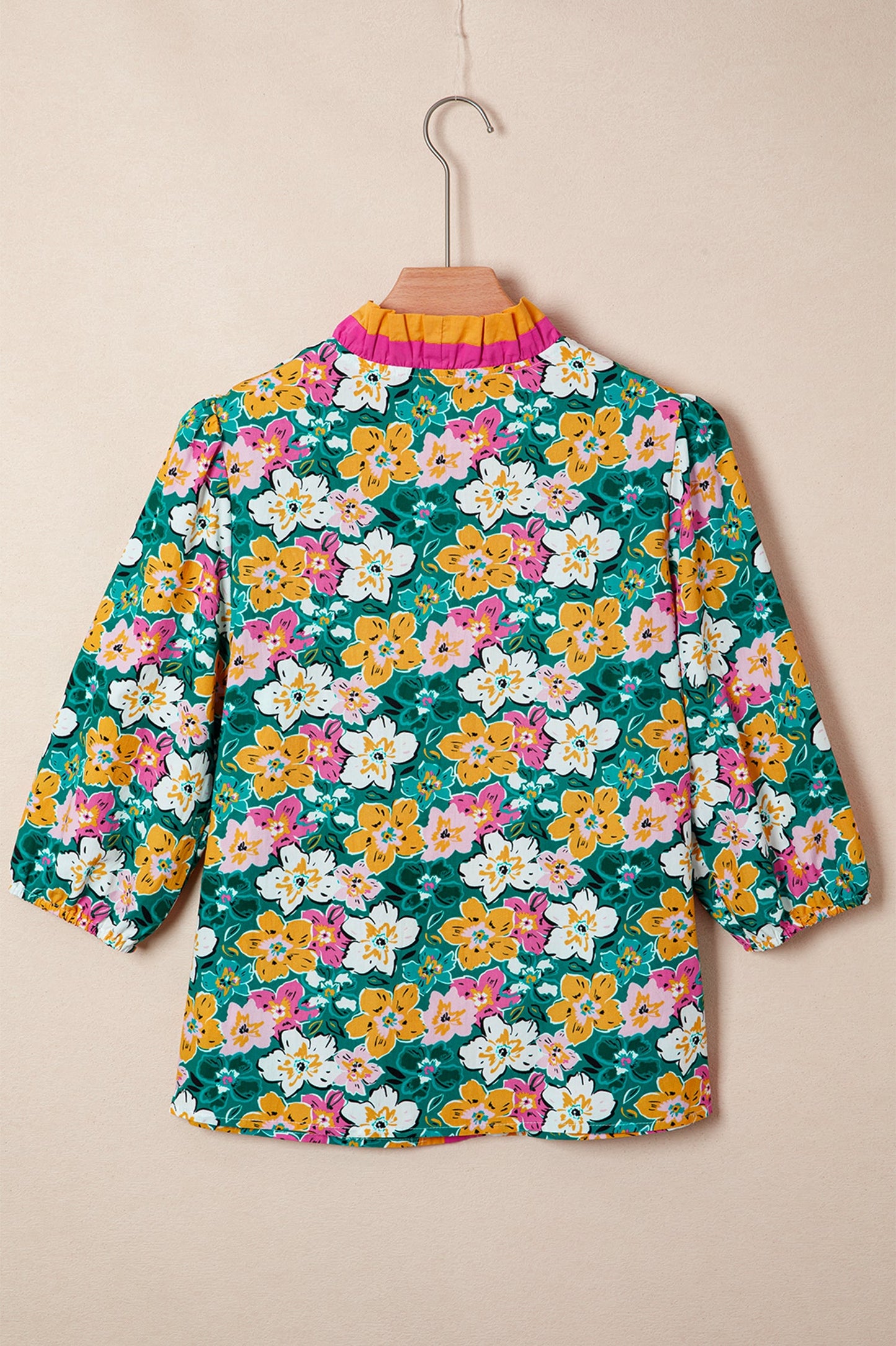 Floral Frilled V-Neck 3/4 Sleeve Blouse