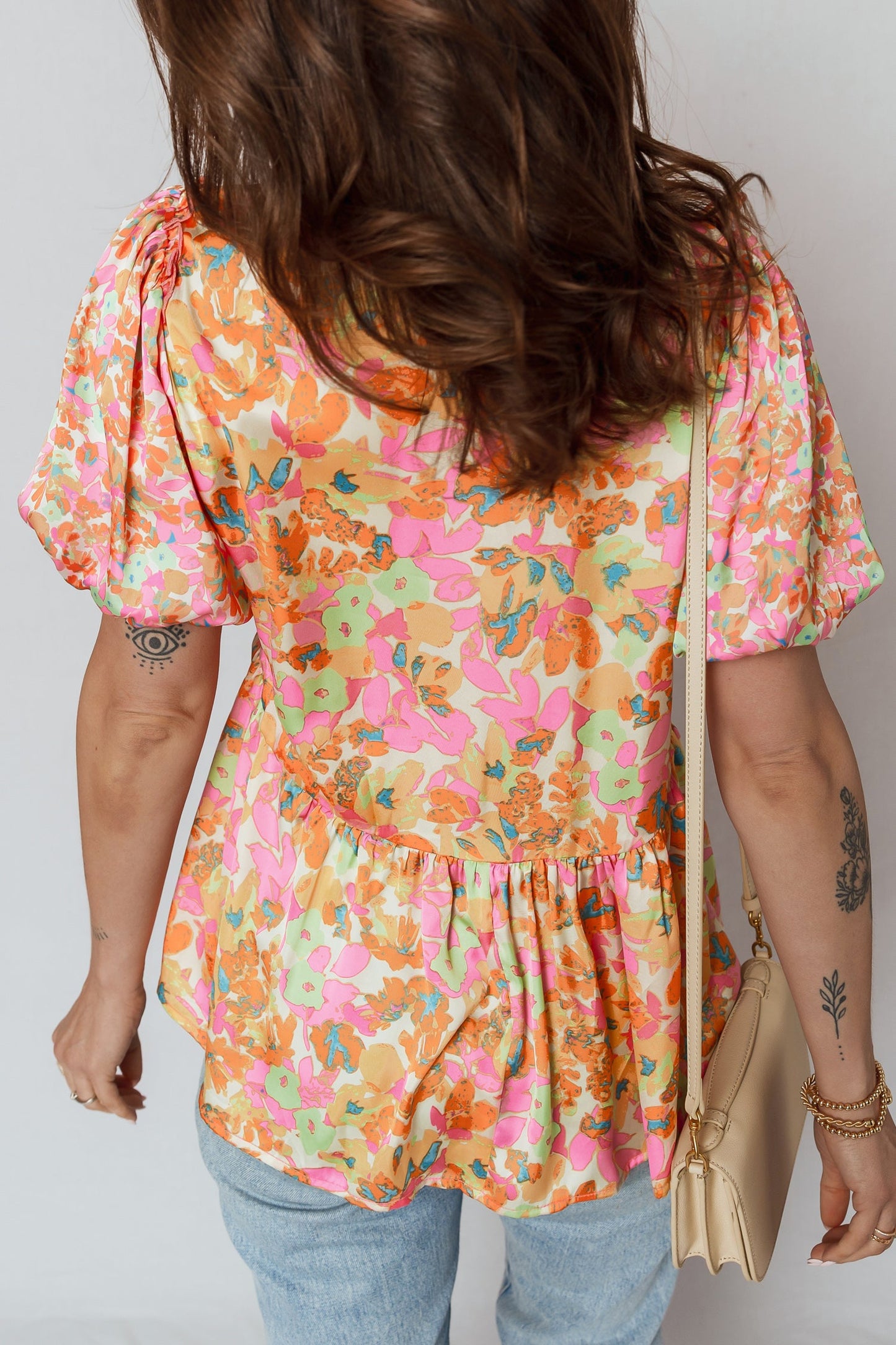 Flower Split V-Neck Short Sleeve Blouse