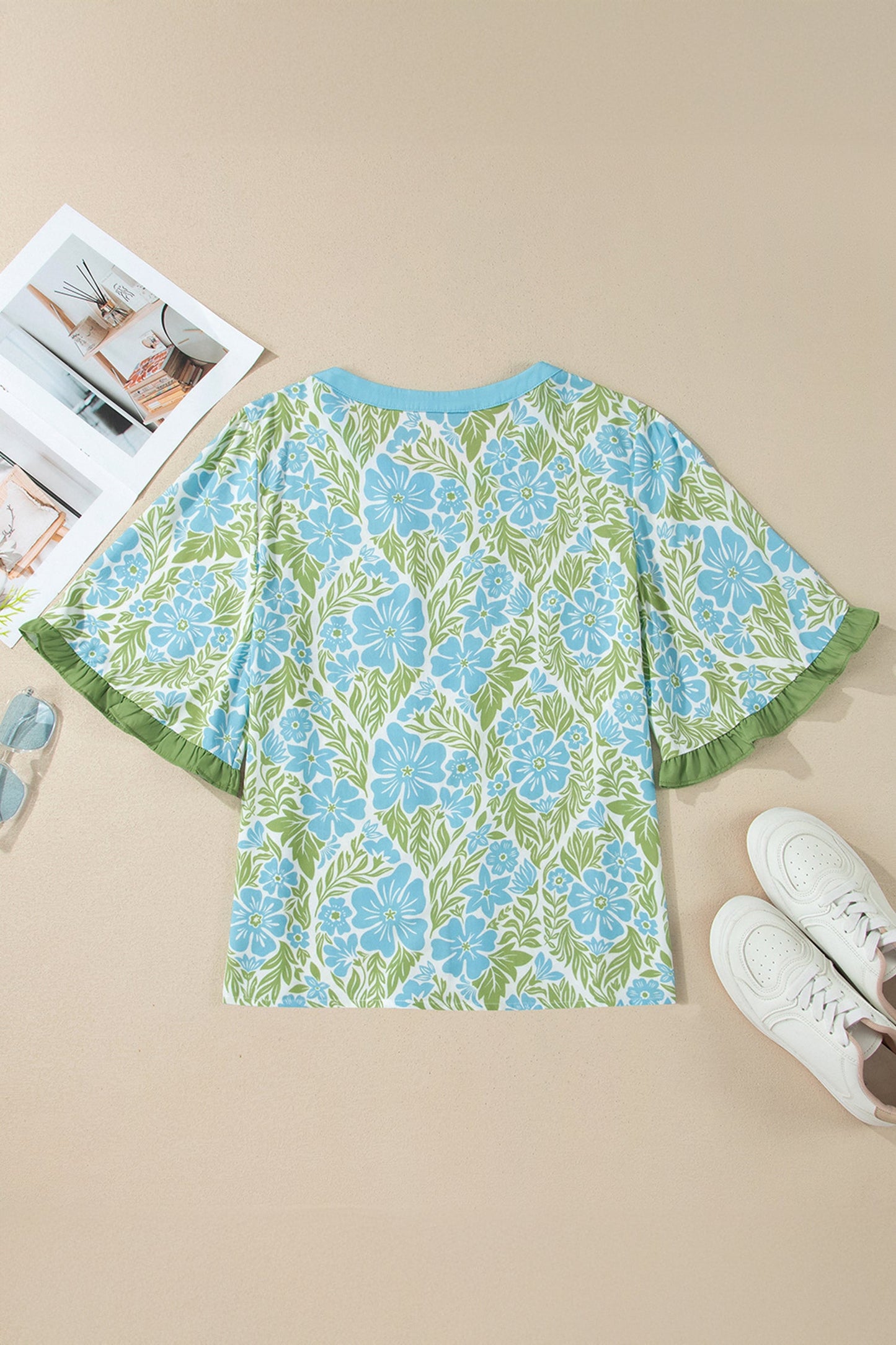 Floral Ruffle Colorblock Trim Short Sleeve Blouse