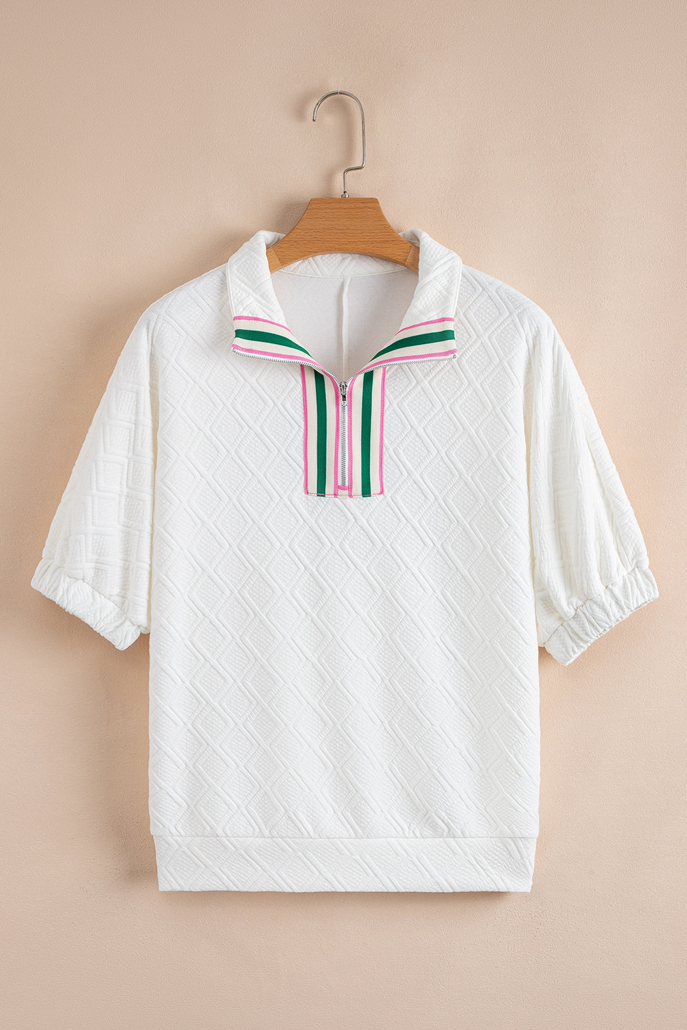 Contrast Stripe Collar Textured Short Sleeve Blouse