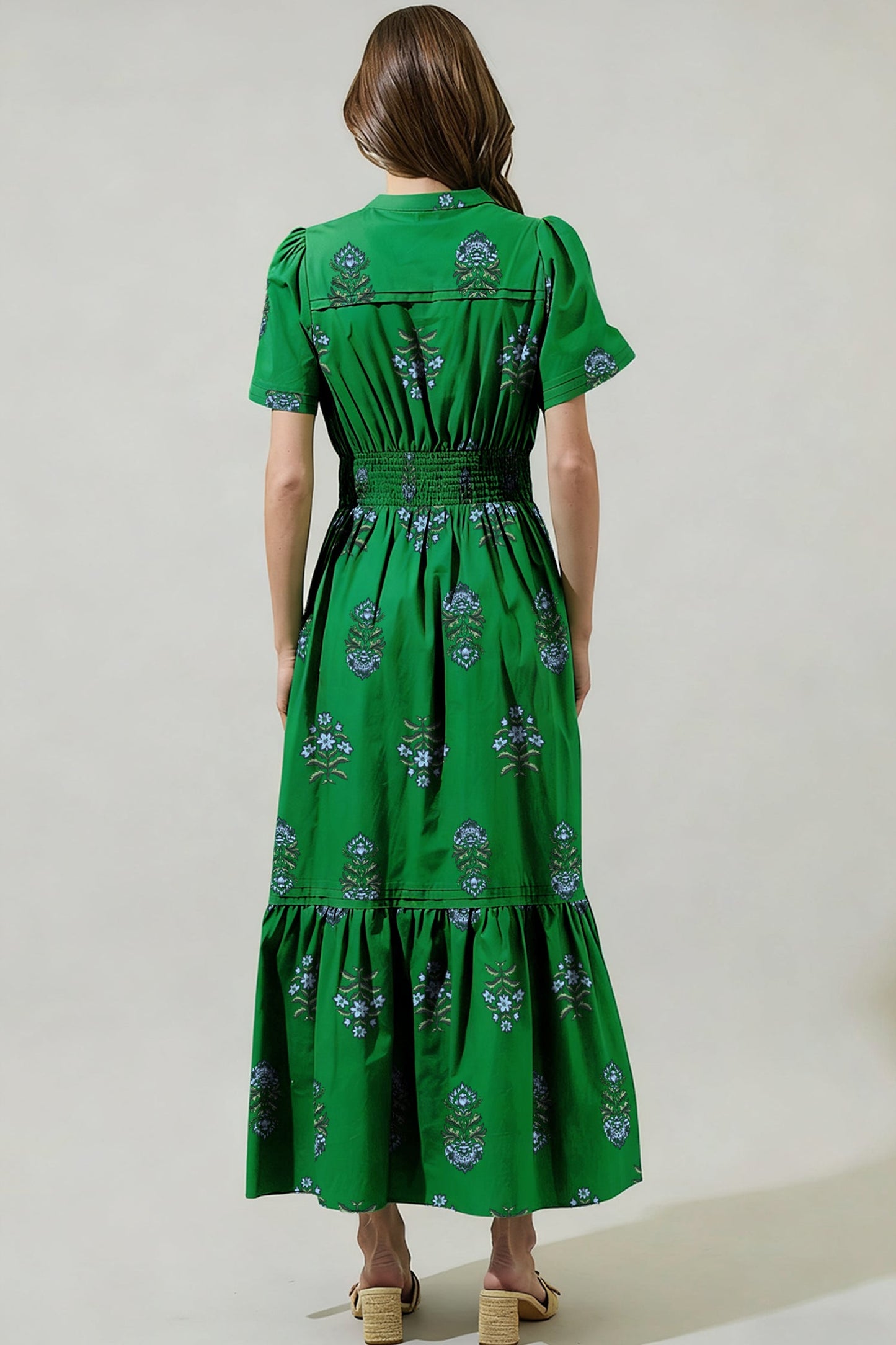 Floral Split-Neck Shirred High-Waist Maxi Dress