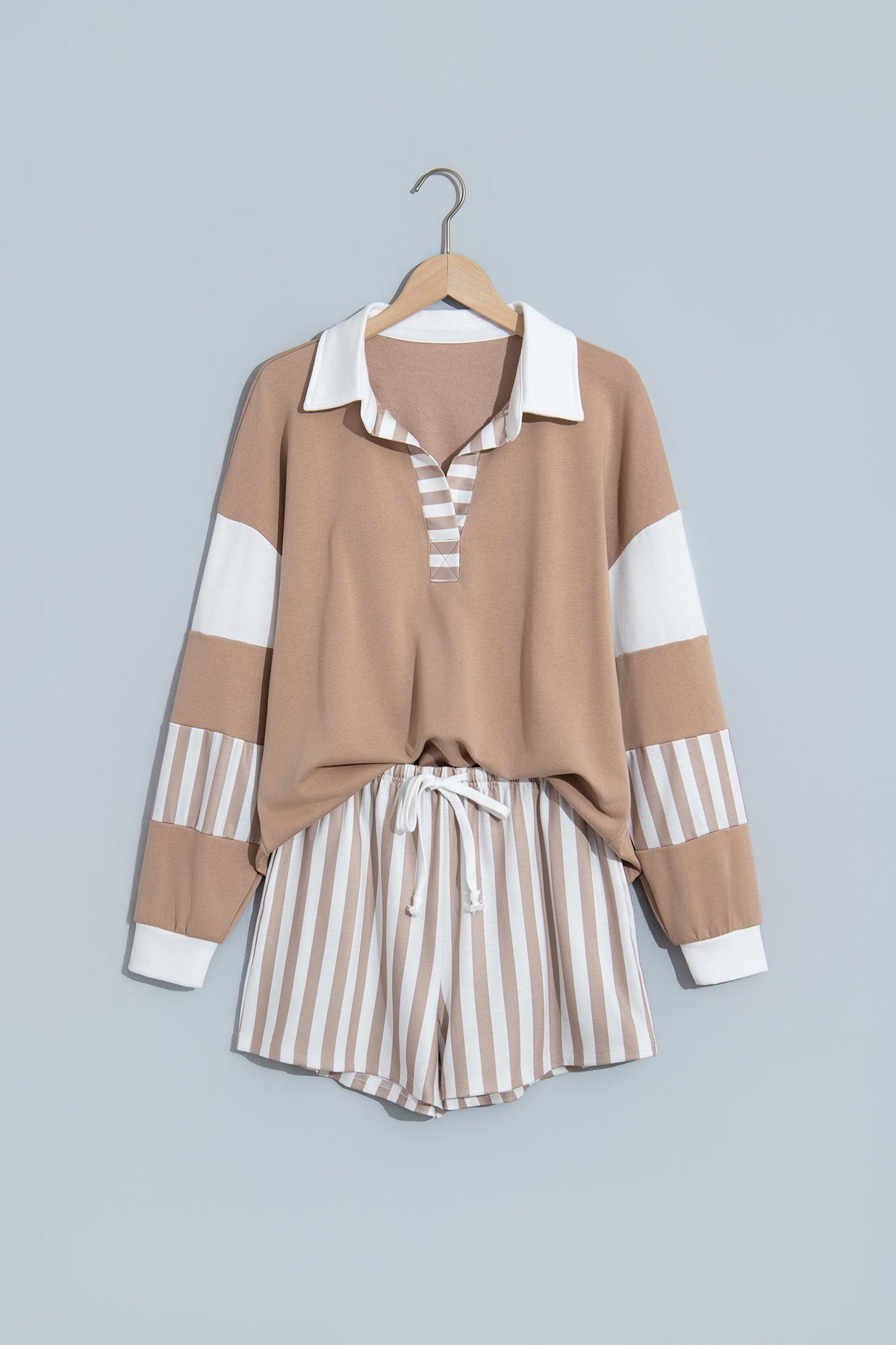 Stripe Colorblock Polo Top & Drawstring Shorts Set