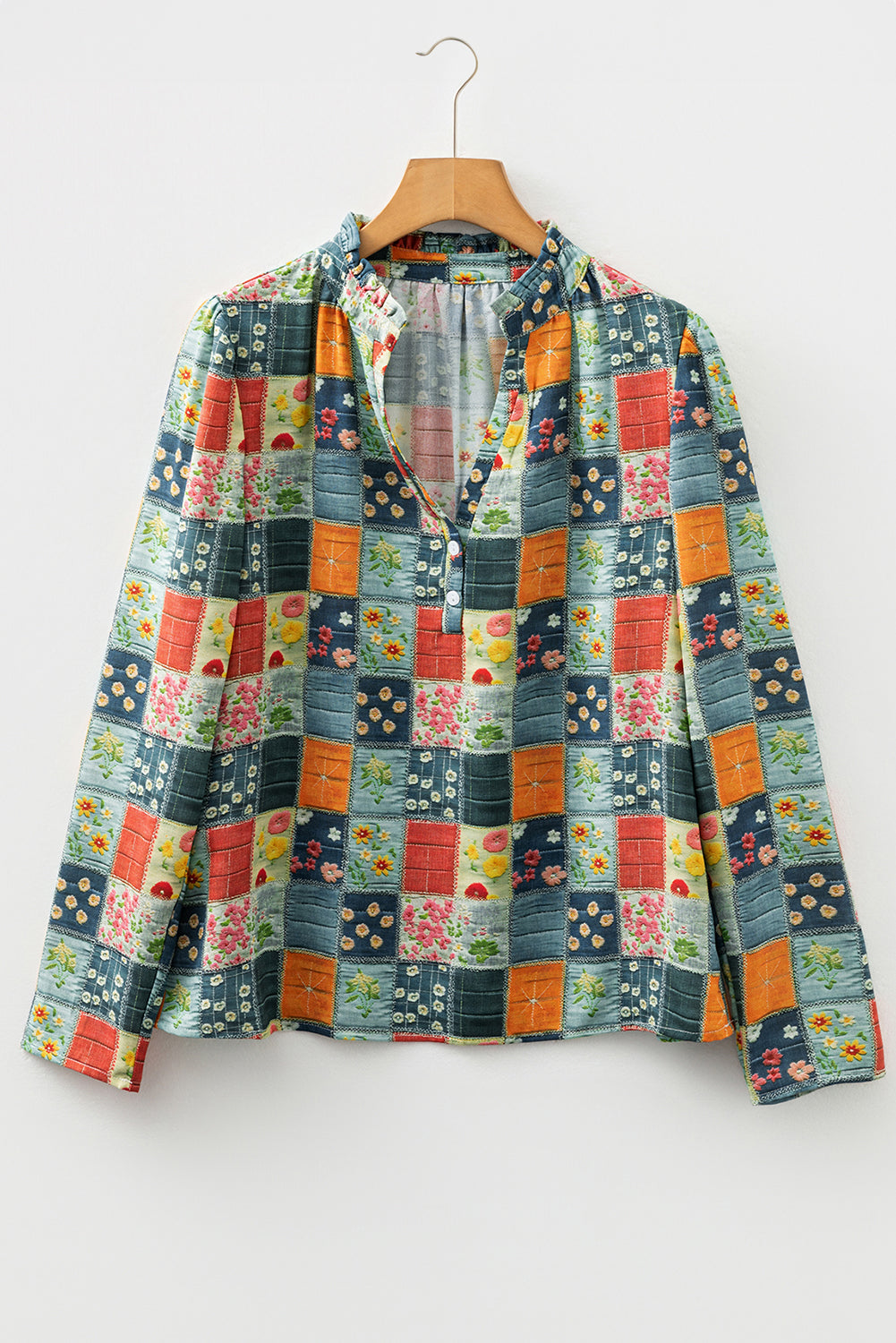 Floral Half Placket Collared V-Neck Blouse