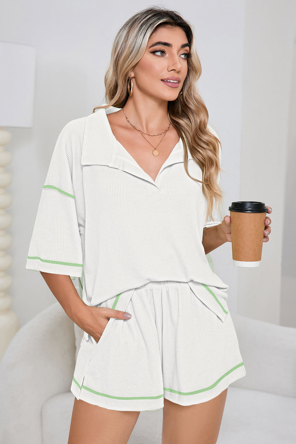 Waffle Knit Colorblock Top and Relaxed-Fit Shorts Set