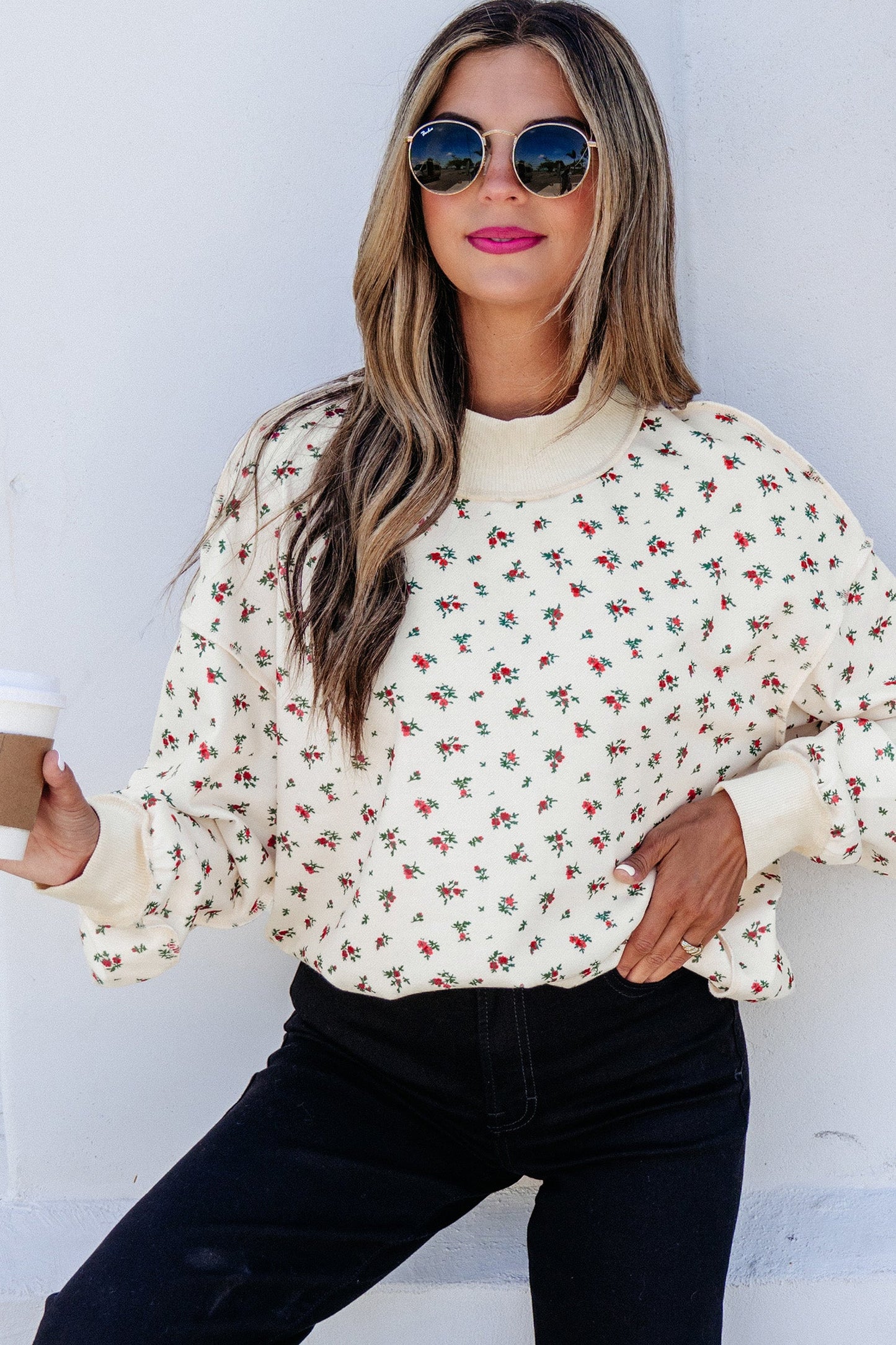 Floral Ribbed High Neck Exposed Hem Baggy Sweatshirt