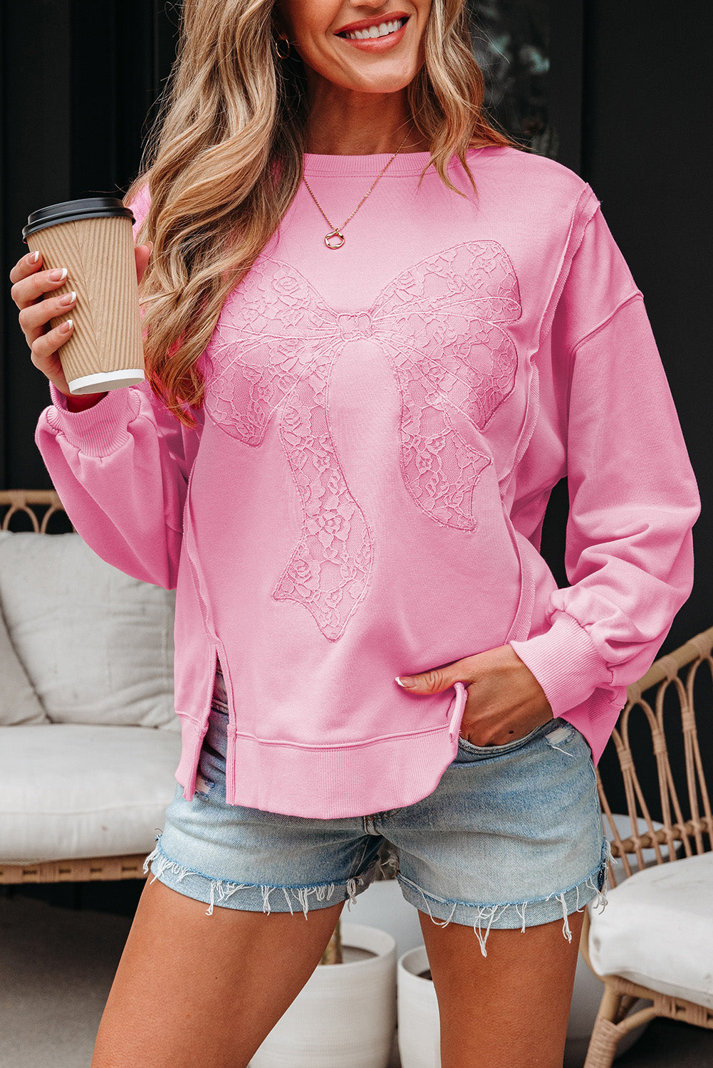 Bow Lace Embroidered Reverse Seam Sweatshirt