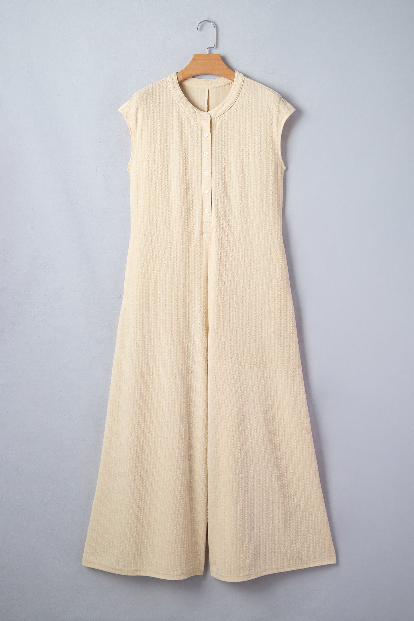 Ribbed Knit Half Buttons Wide Leg Jumpsuit
