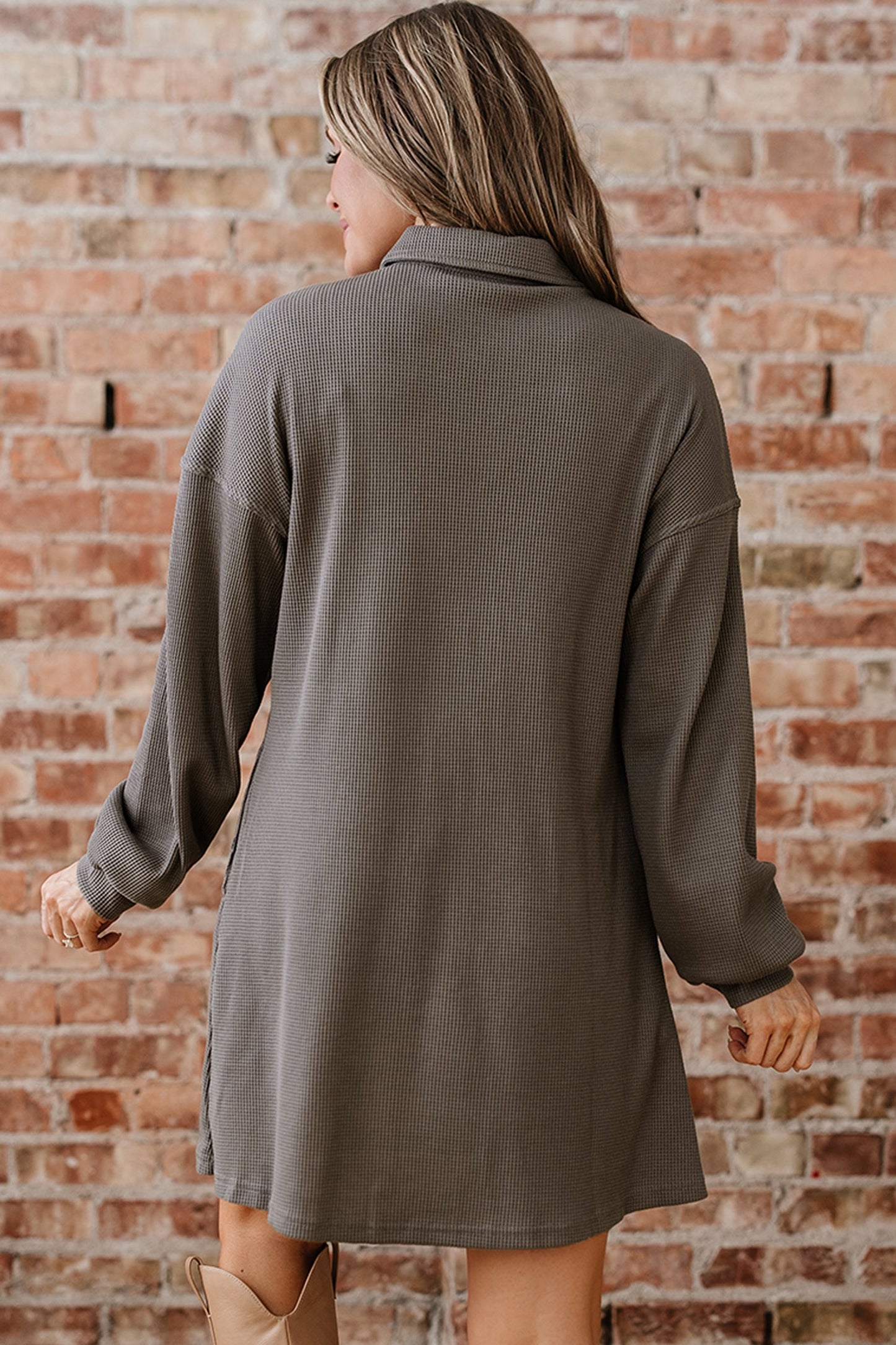 Waffle Knit Pleated Drop Shoulder Shirt Dress