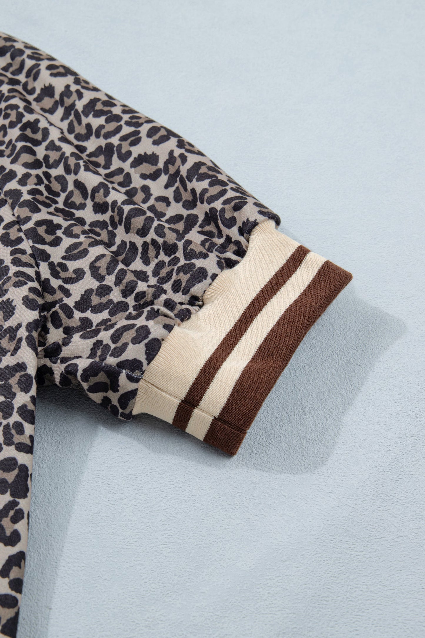 Leopard Half Zip Stripe Trim Short Sleeve Top