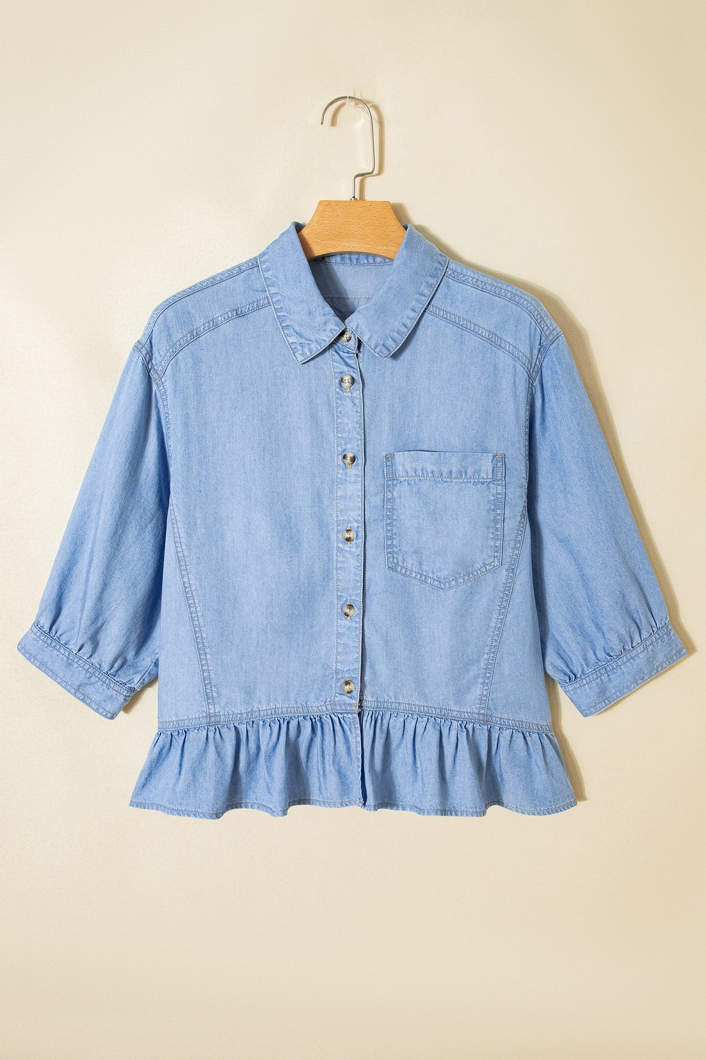 Denim Chambray Ruffle 3/4 Sleeve Buttoned Shirt