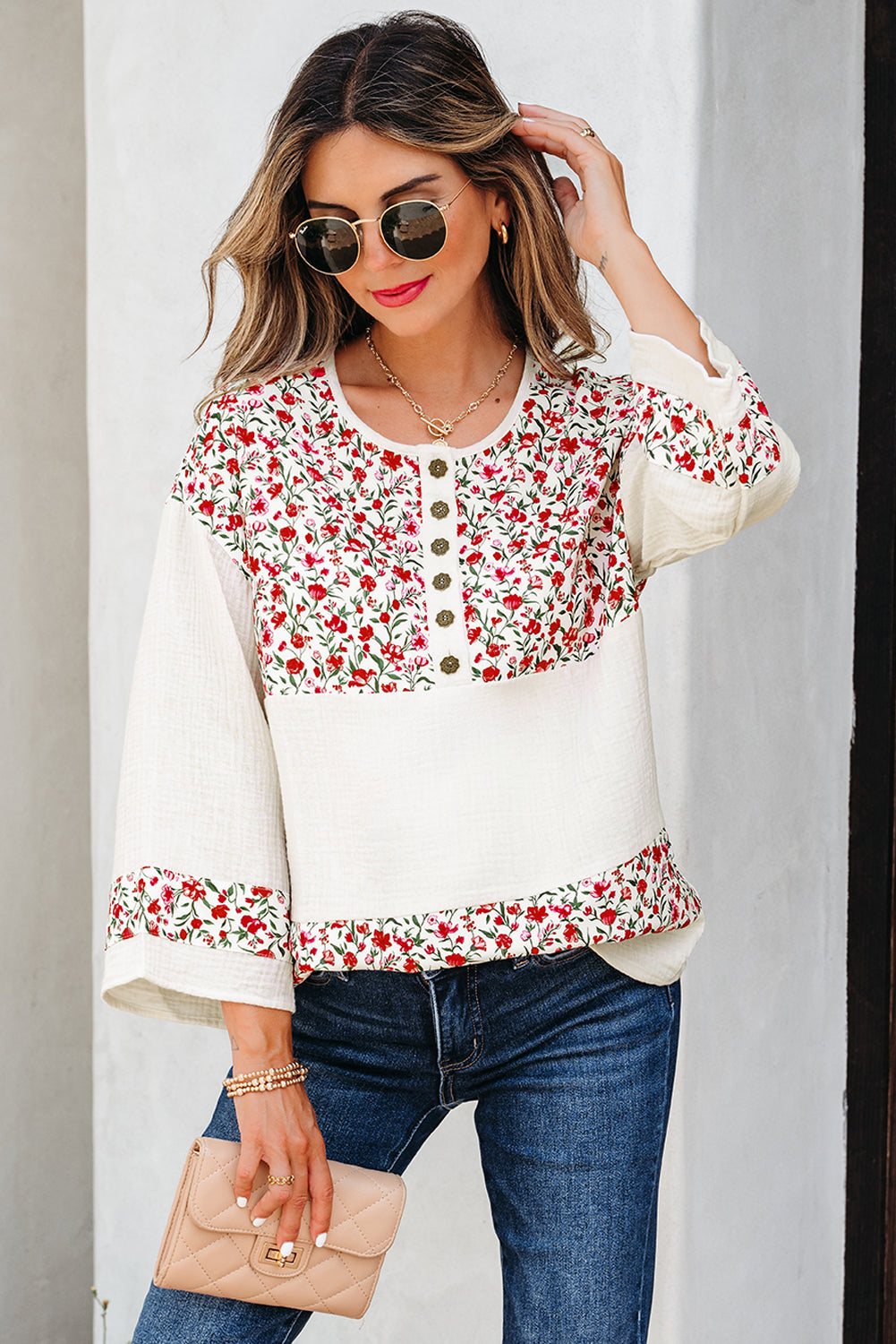 Floral Gauze Patchwork 3/4 Sleeve Blouse